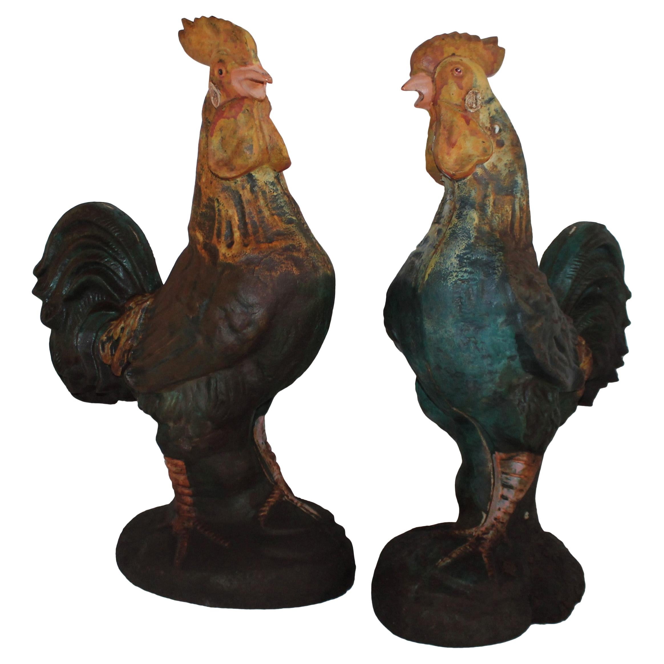 Pair of Early 20th Century Iron Roosters in Original Paint