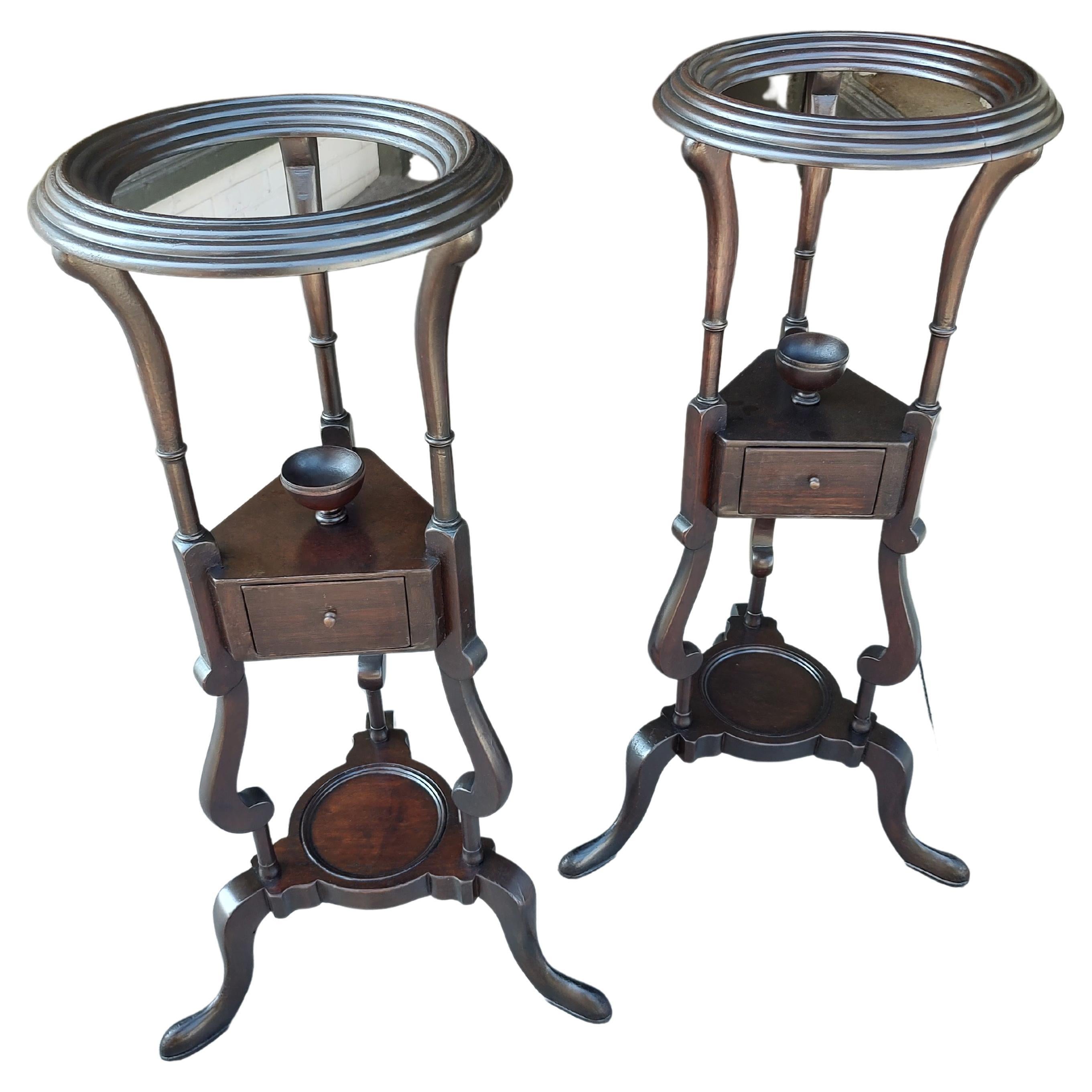 Pair of Early 20thc Mahogany Plant Stands with Drawers & Copper Pots