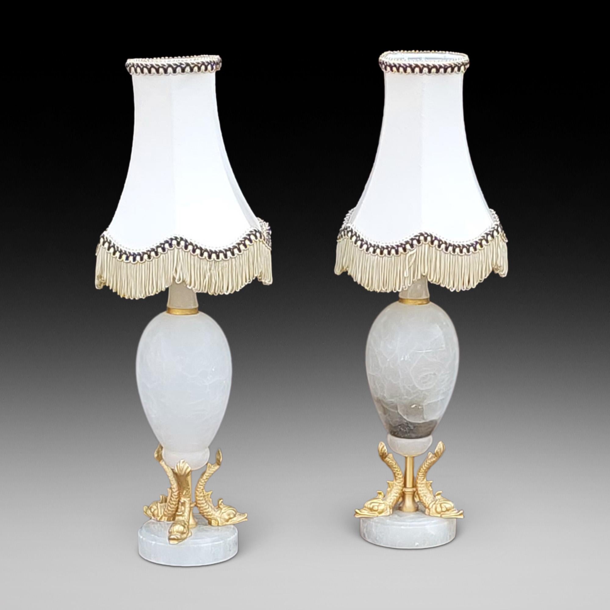 Pair of Early 20thC White Onyx Table Lamps, having gilt metal supports in the form of stylised dolphins - 6.5
