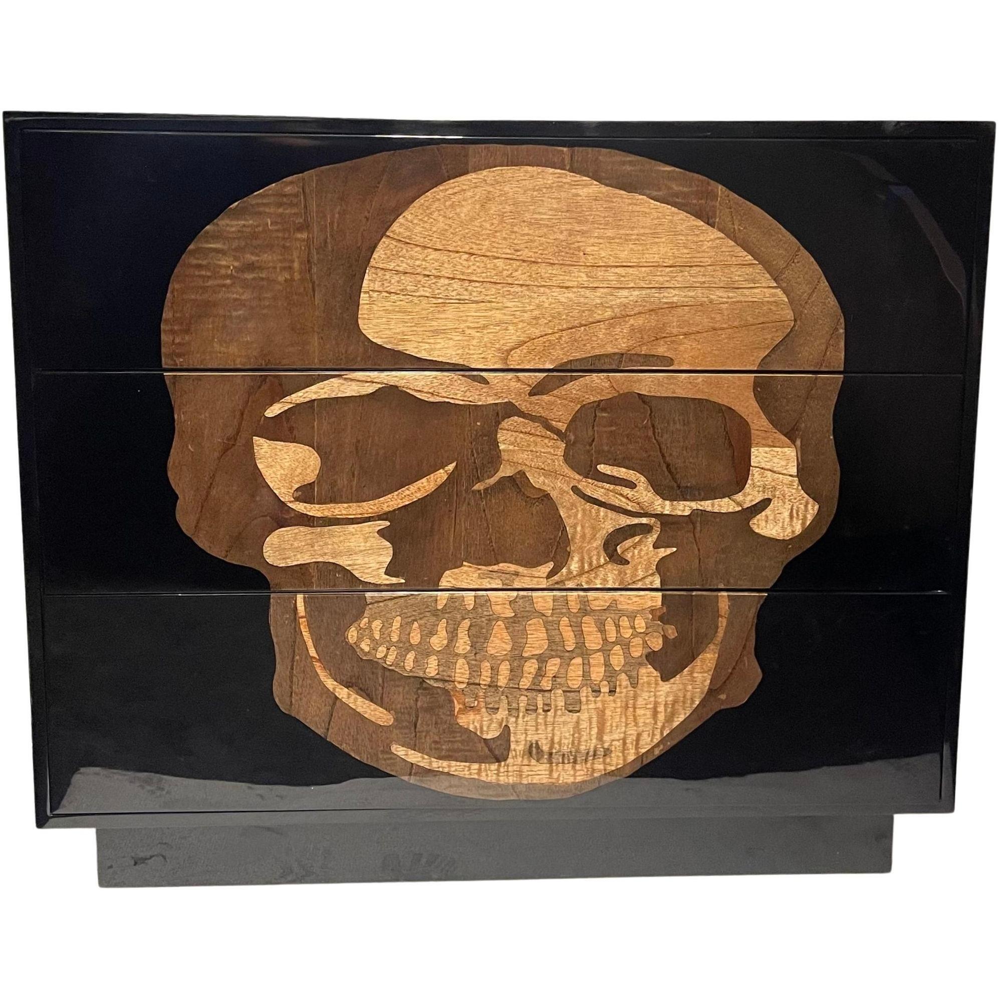 American Pair of Early 21st C. Black Commodes with Inlaid Skull Design and Resin Finish For Sale