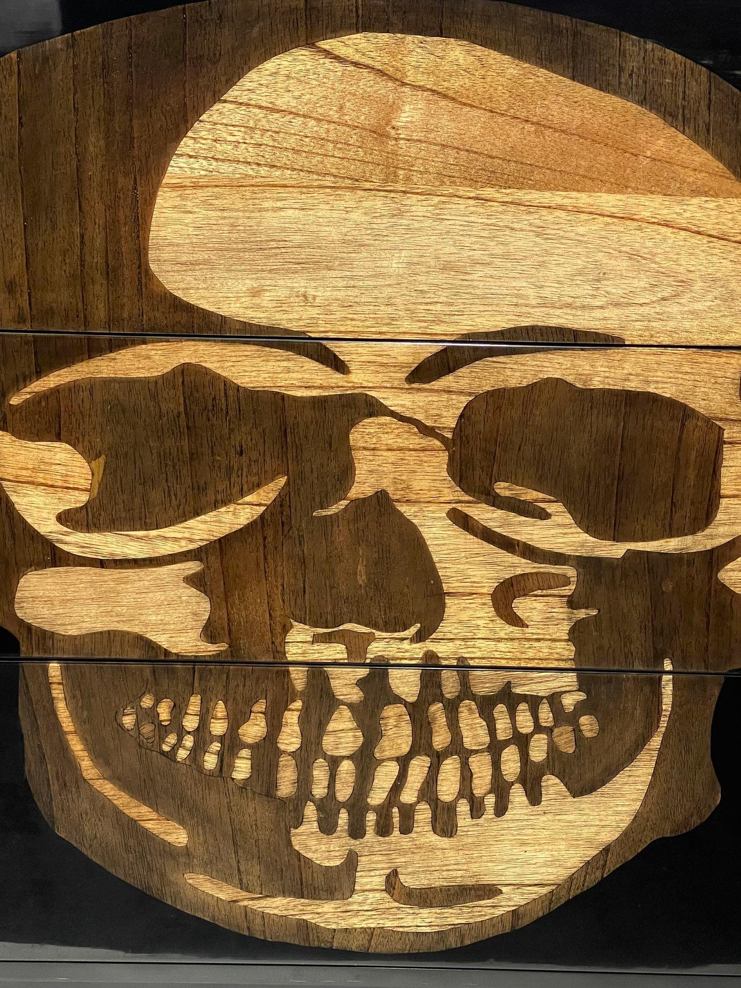 Wood Pair of Early 21st C. Black Commodes with Inlaid Skull Design and Resin Finish For Sale