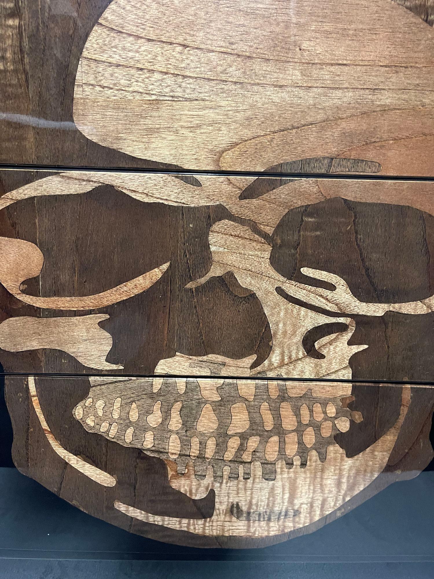Pair of Early 21st C. Black Commodes with Inlaid Skull Design and Resin Finish For Sale 1