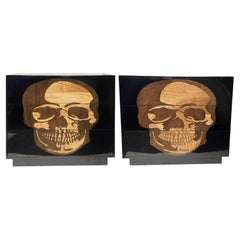 Pair of Early 21st C. Black Commodes with Inlaid Skull Design and Resin Finish