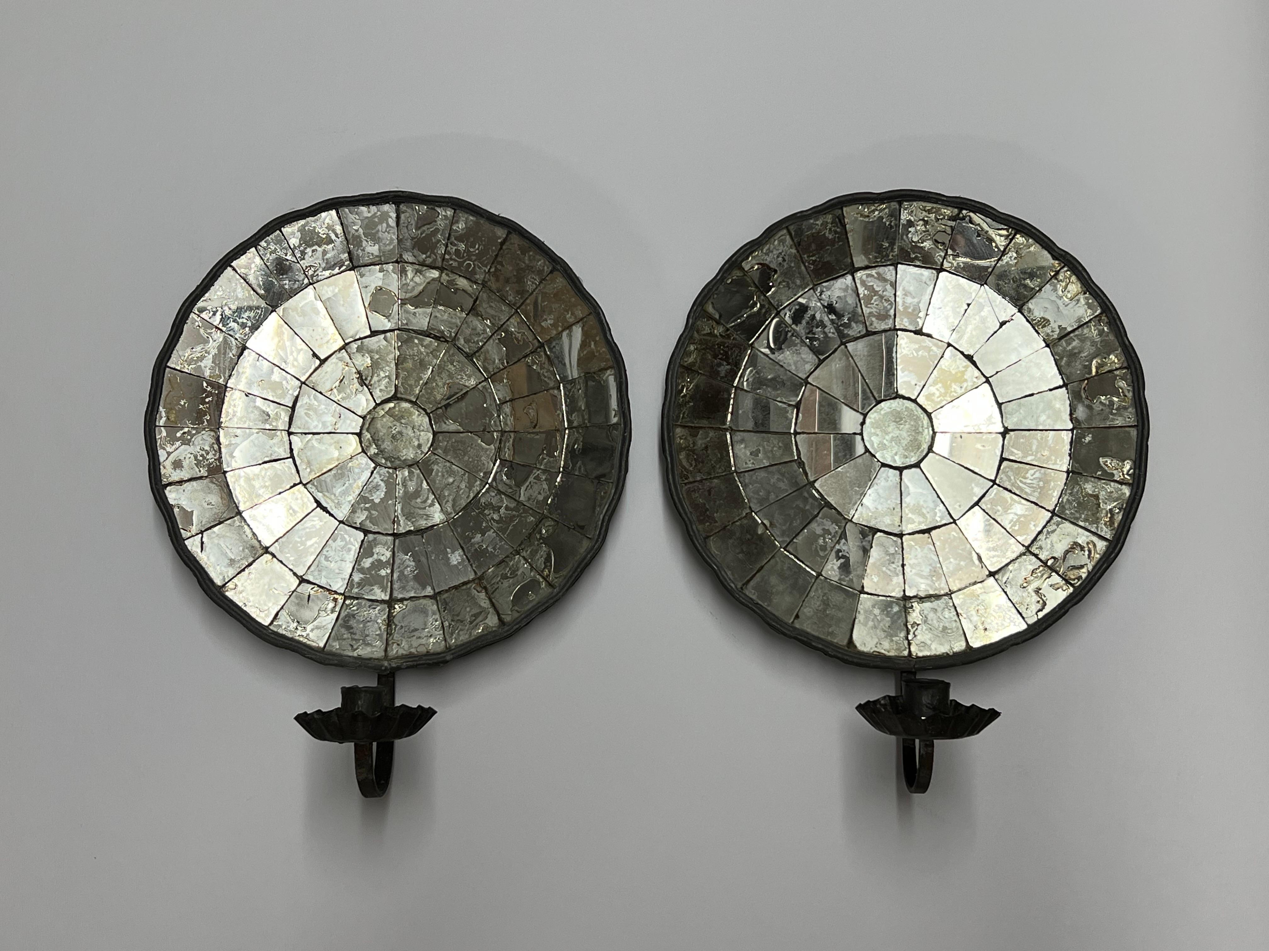 Metal Pair of Early American Reflective Candle Sconces
