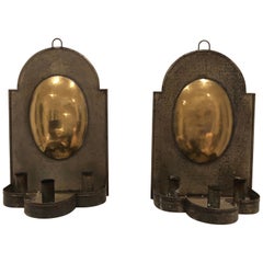 Antique Pair of Early American Tin and Brass Sconces