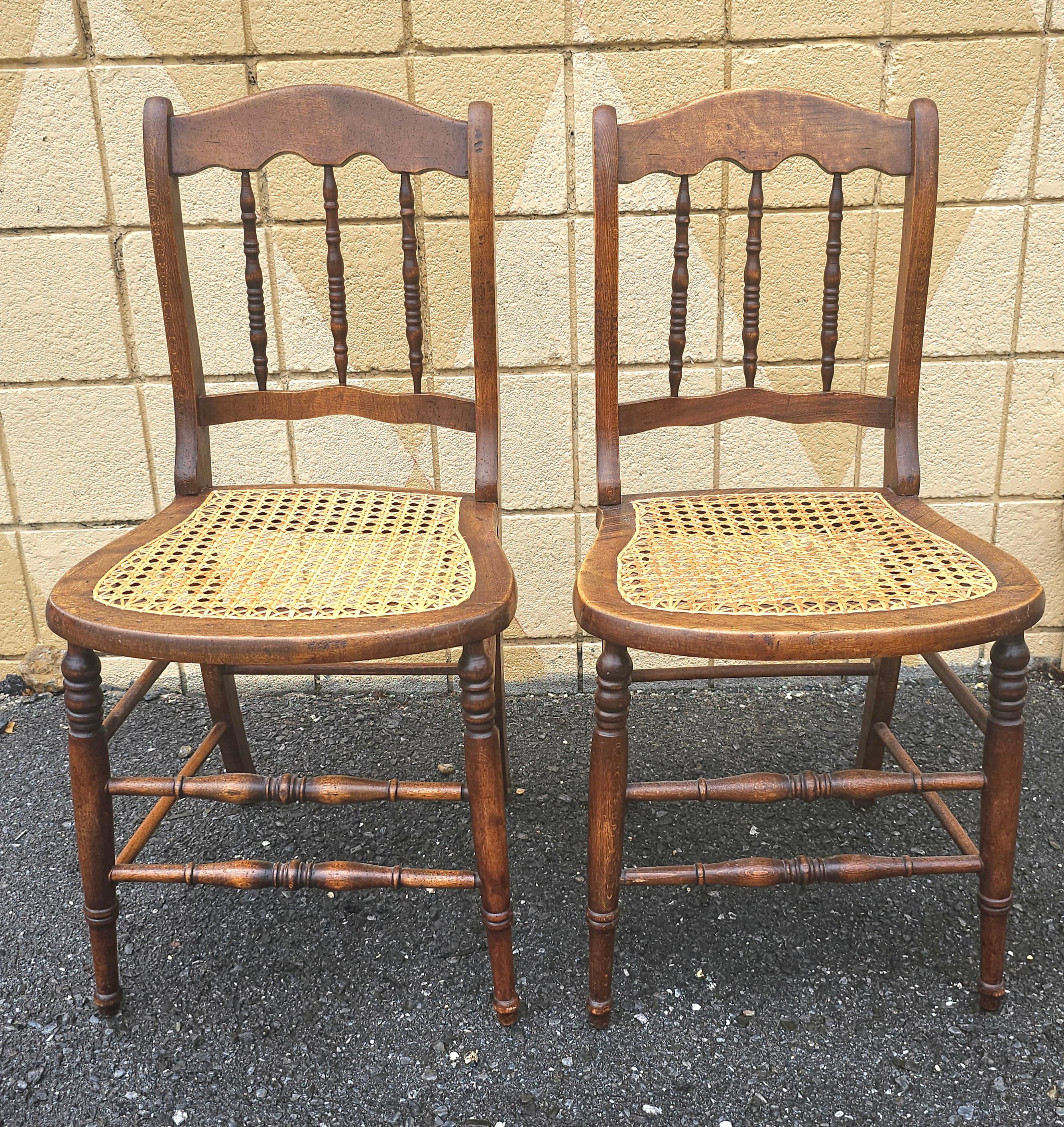 Pair of Early American Walnut and Cane Seat Spindle Back Side Chairs For Sale 2