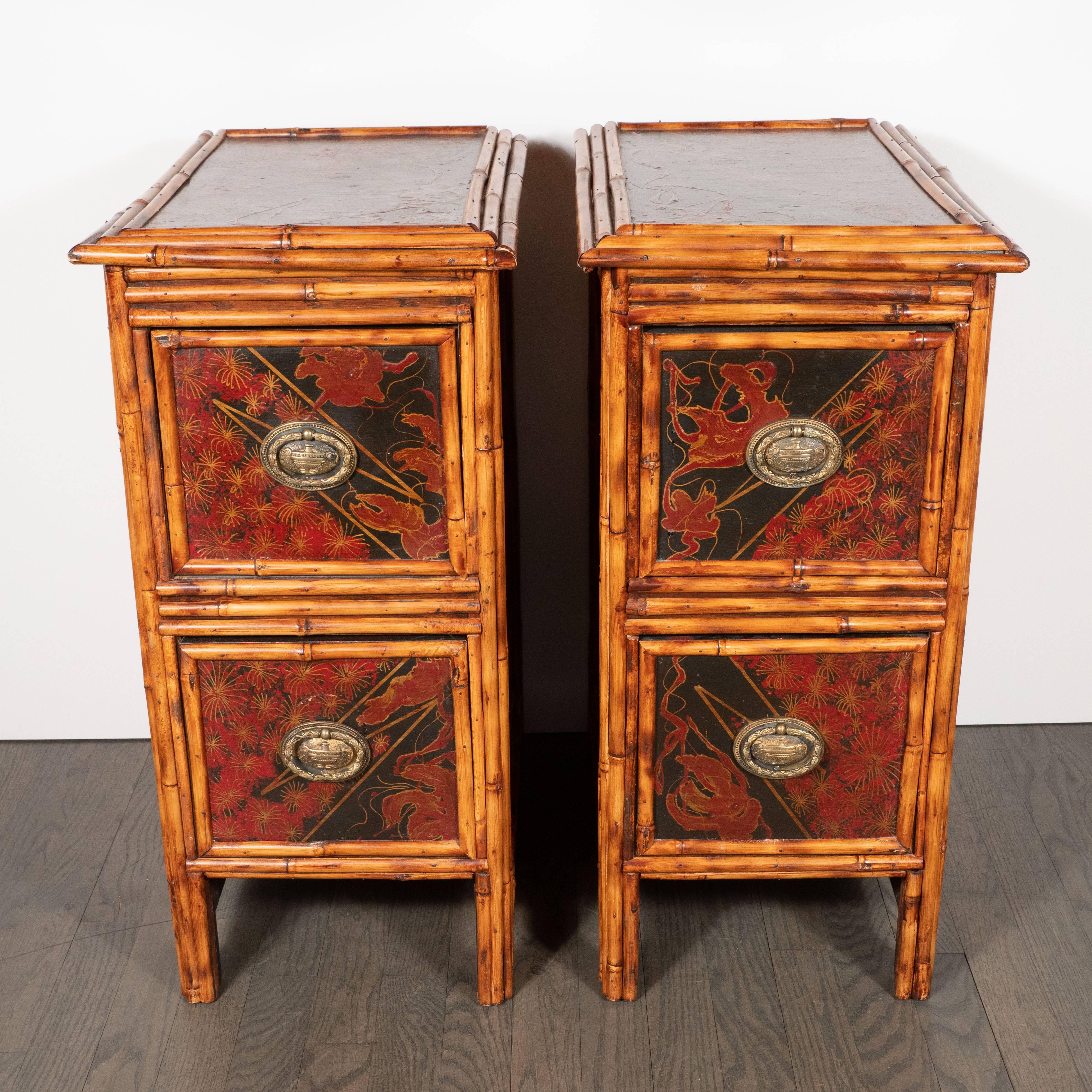This sophisticated pair of nightstands were realized in the United States, circa 1925. They are a stunning first-rate example of the influence of the East on the design aesthetic of the west. The nightstands feature rectangular bodies with caned
