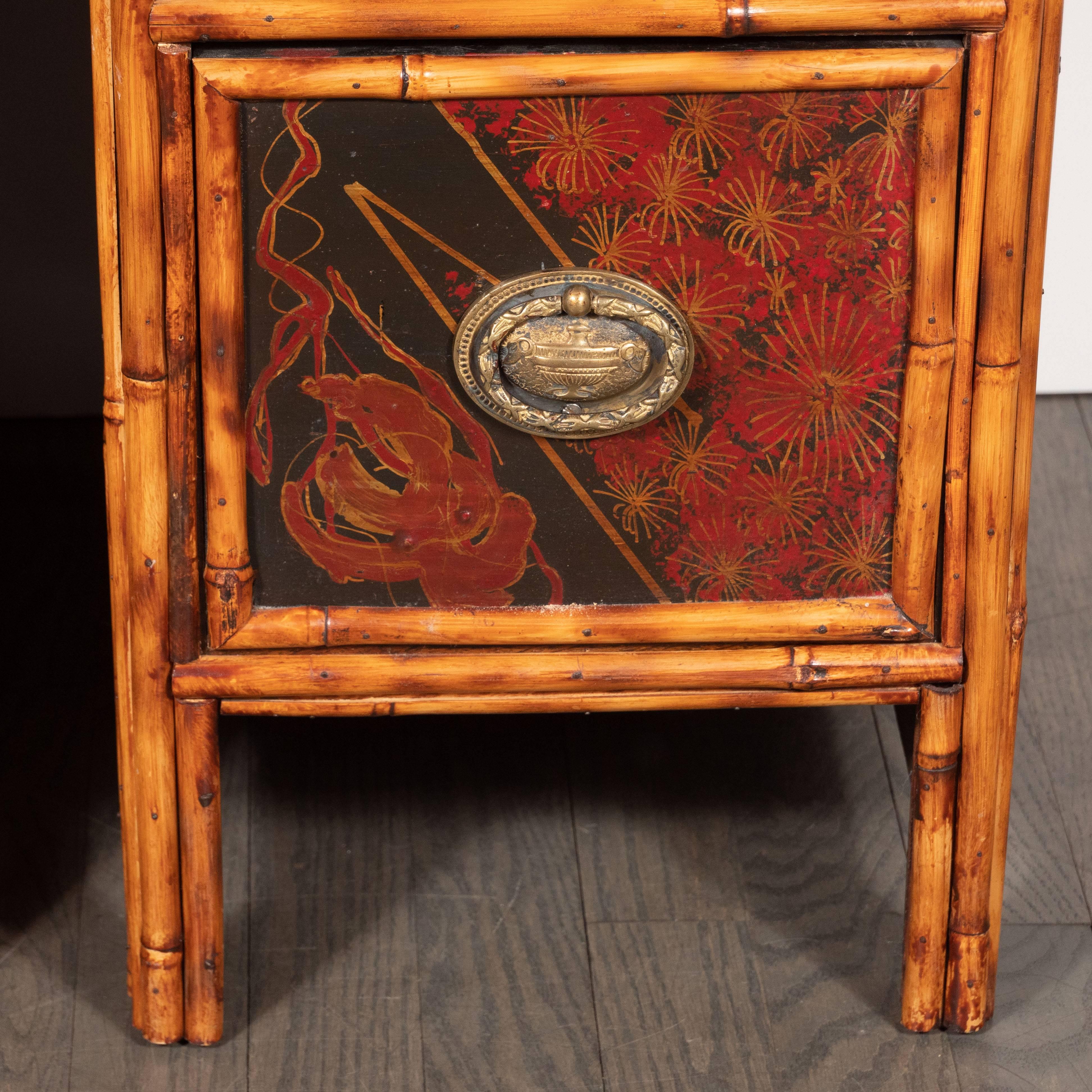 Pair of Early Art Deco Hand-Painted Bamboo and Cane Nightstands In Excellent Condition In New York, NY