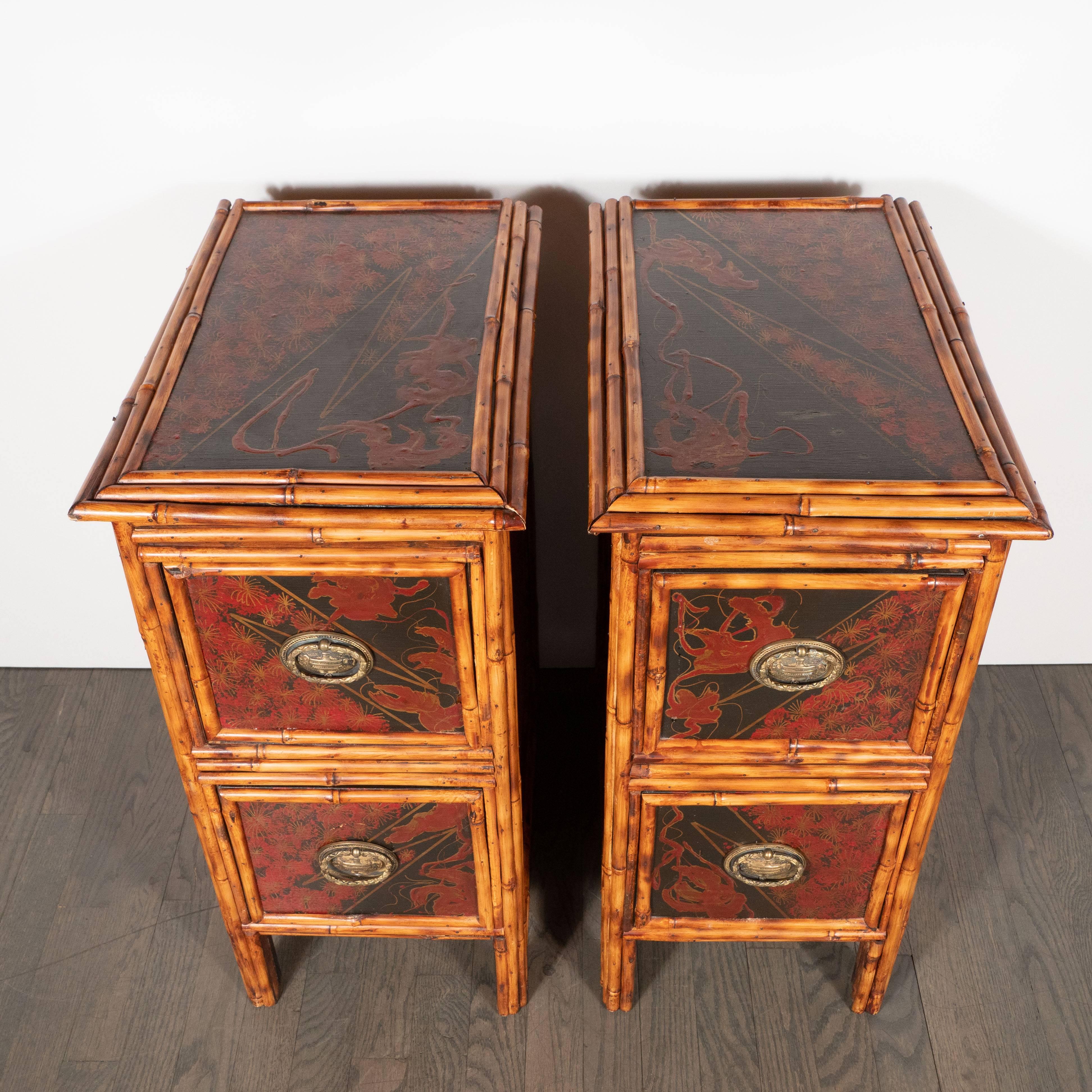 Early 20th Century Pair of Early Art Deco Hand-Painted Bamboo and Cane Nightstands
