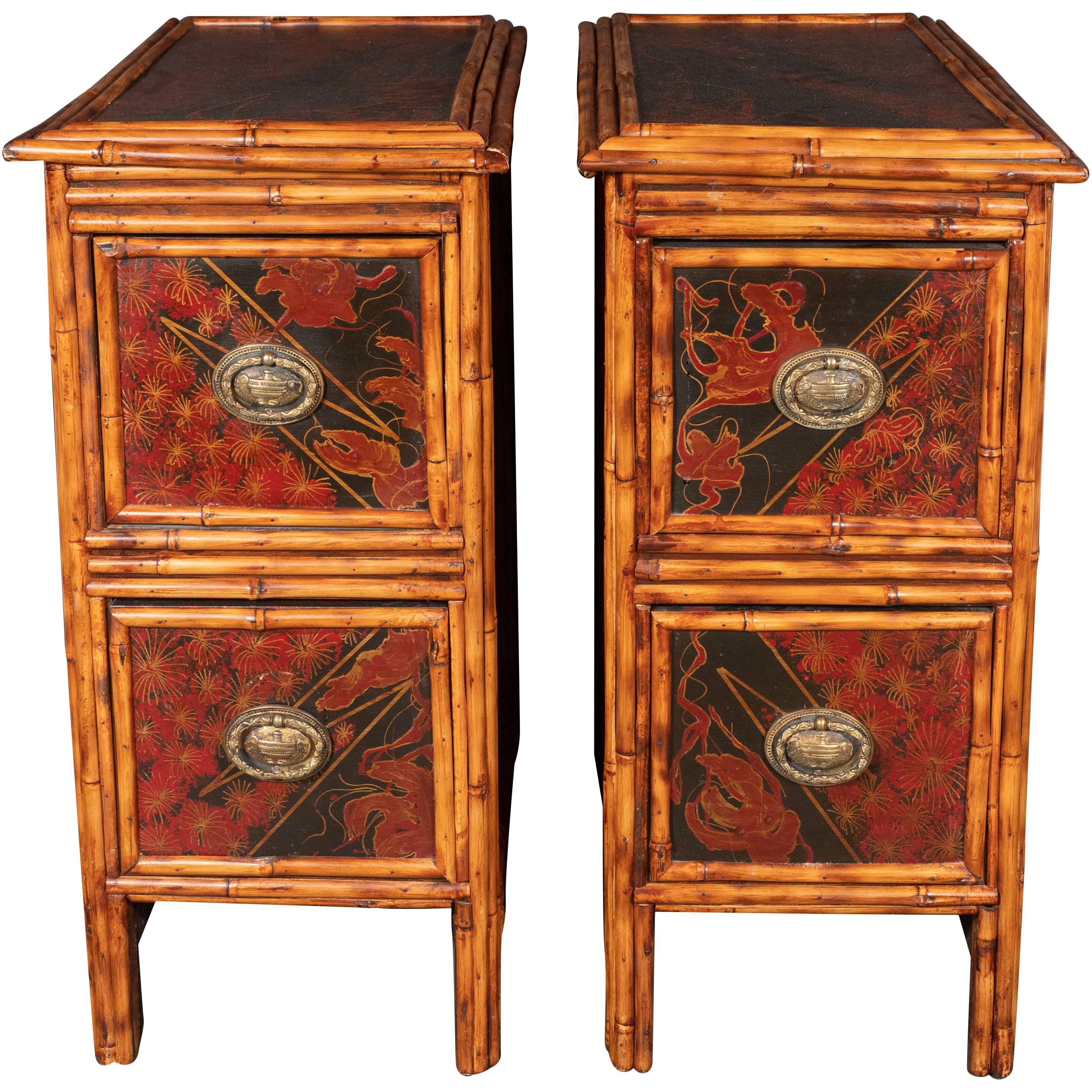 Pair of Early Art Deco Hand-Painted Bamboo and Cane Nightstands