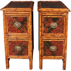 Pair of Early Art Deco Hand-Painted Bamboo and Cane Nightstands