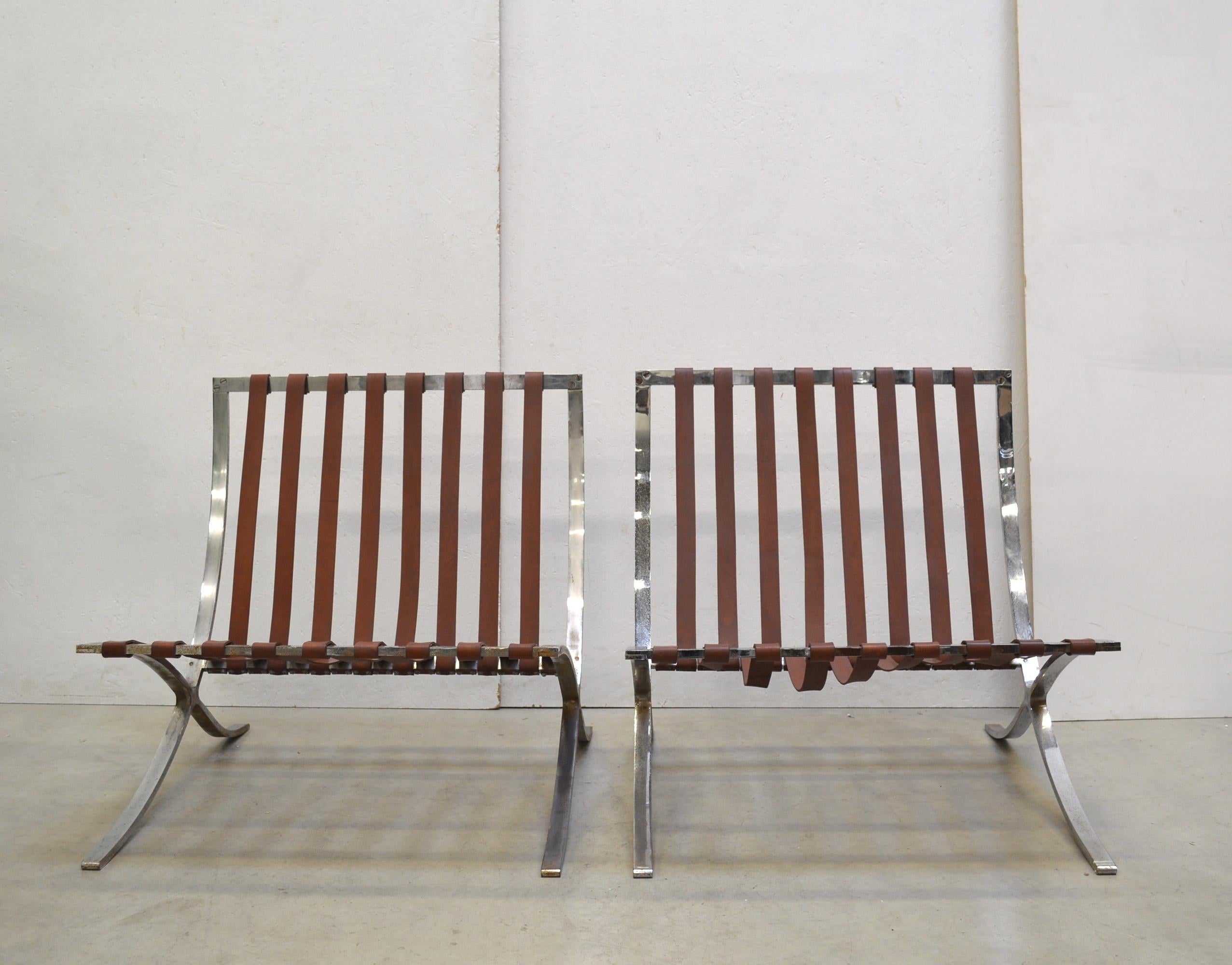 These rare Barcelona chairs were designed by Mies van der Rohe in 1929 for the famous Barcelona pavillon and produced by Stiegler in the 1950s. 

Stiegler was a small company who constructed the frames for Knoll International between 1954 and