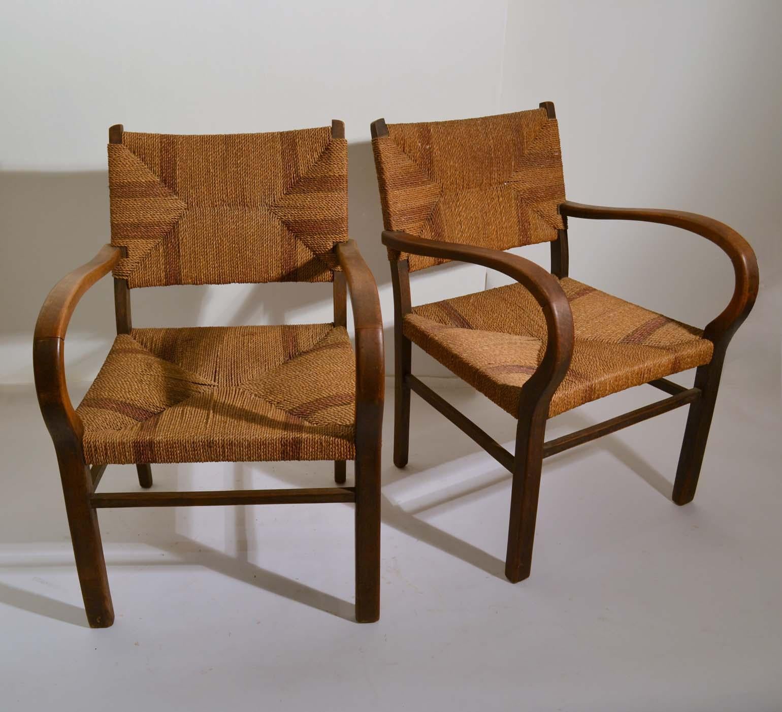 Early 20th Century Pair of Early Bauhaus Armchairs Wood and Rope by Erich Dieckmann