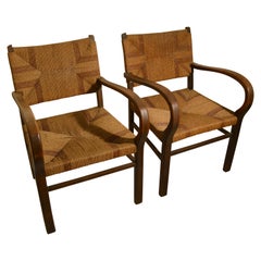 Pair of Early Bauhaus Armchairs Wood and Rope by Erich Dieckmann
