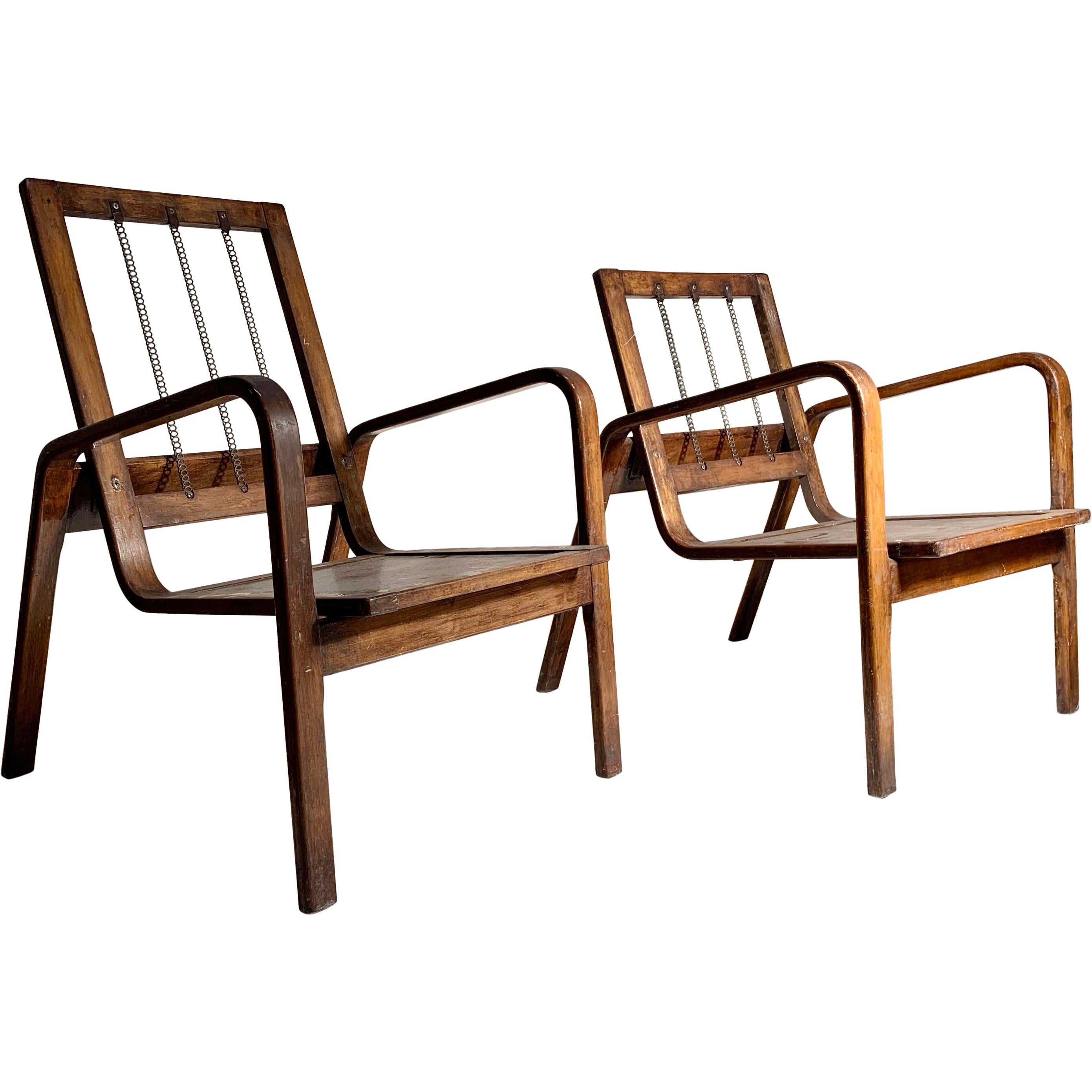 Pair of Early Bentwood Danish or German Bauhaus Lounge Chairs