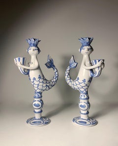 Pair of Early Bjorn Wiinblad Art Pottery Mermaid Candlesticks
