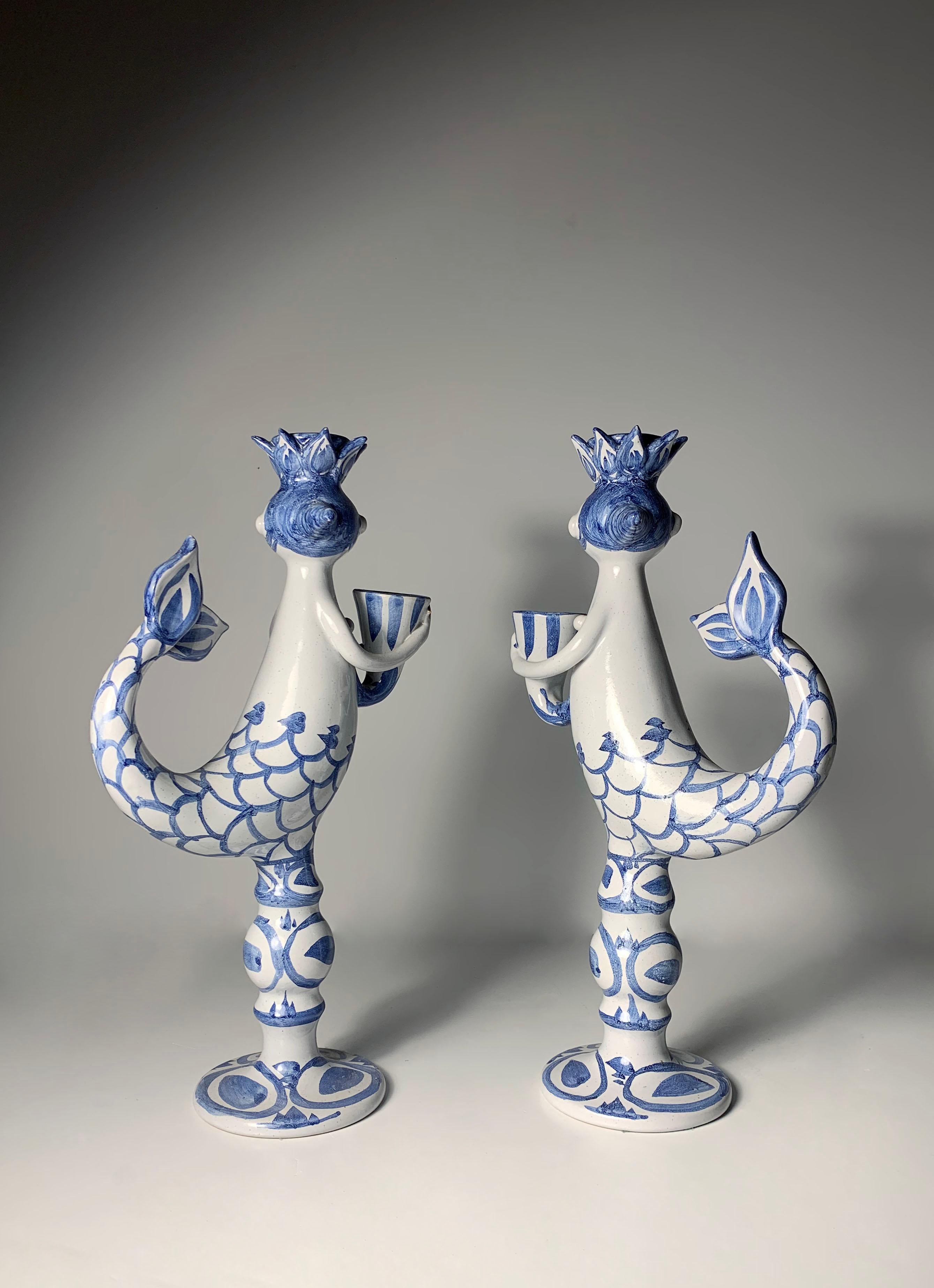 Mid-Century Modern Pair of Early Bjorn Wiinblad Art Pottery Mermaid Candlesticks For Sale