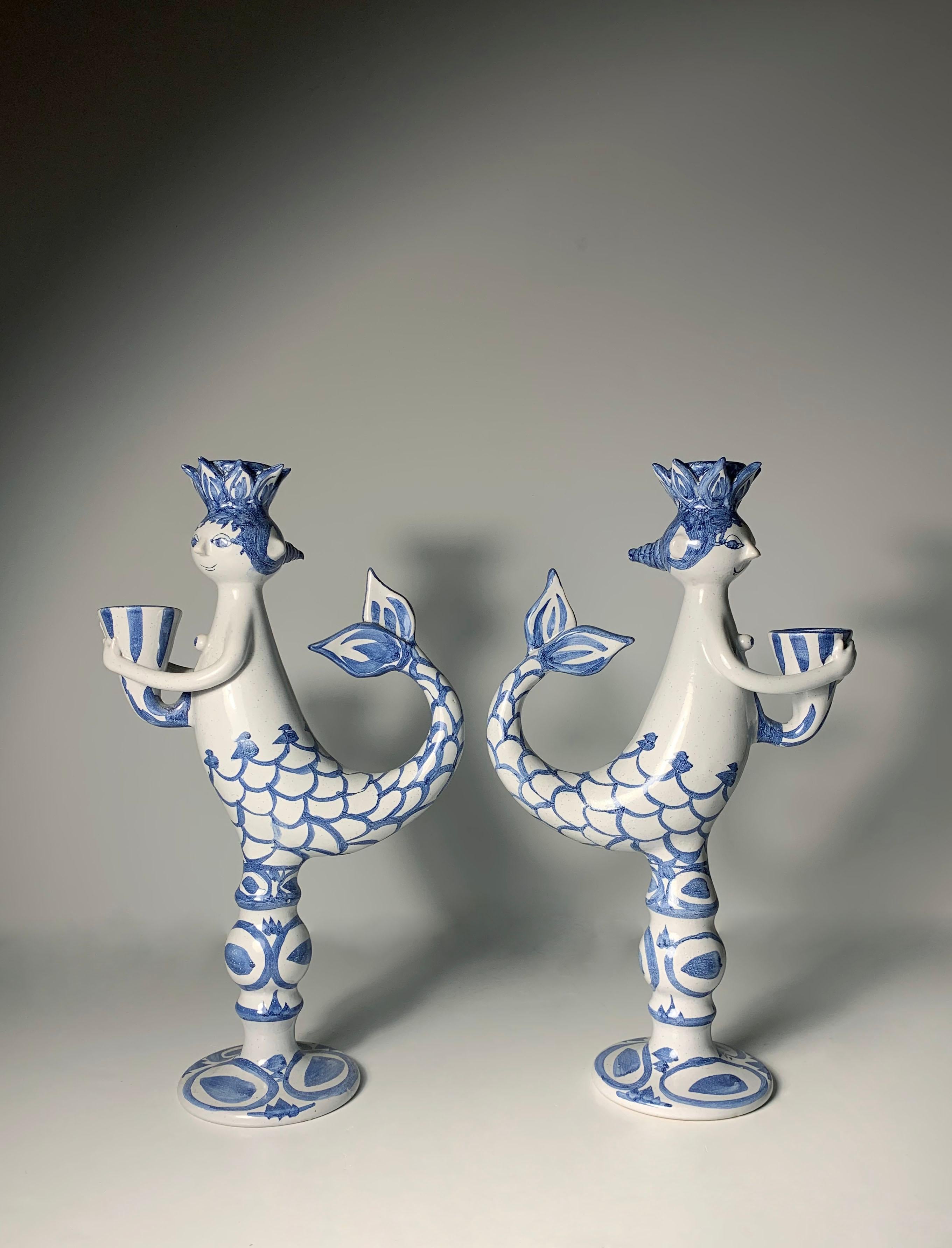 Danish Pair of Early Bjorn Wiinblad Art Pottery Mermaid Candlesticks For Sale