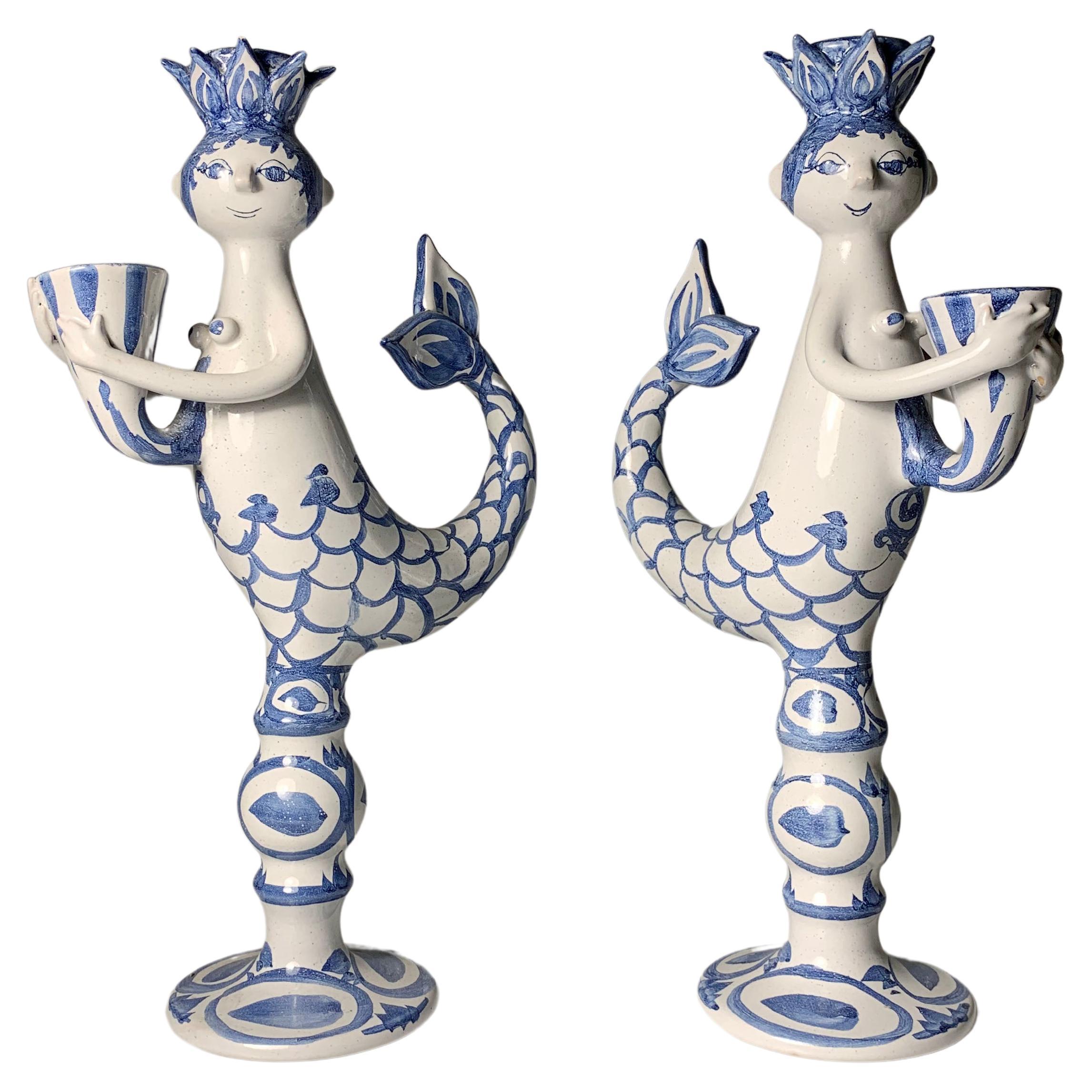 Pair of Early Bjorn Wiinblad Art Pottery Mermaid Candlesticks