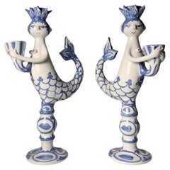 Pair of Early Bjorn Wiinblad Art Pottery Mermaid Candlesticks
