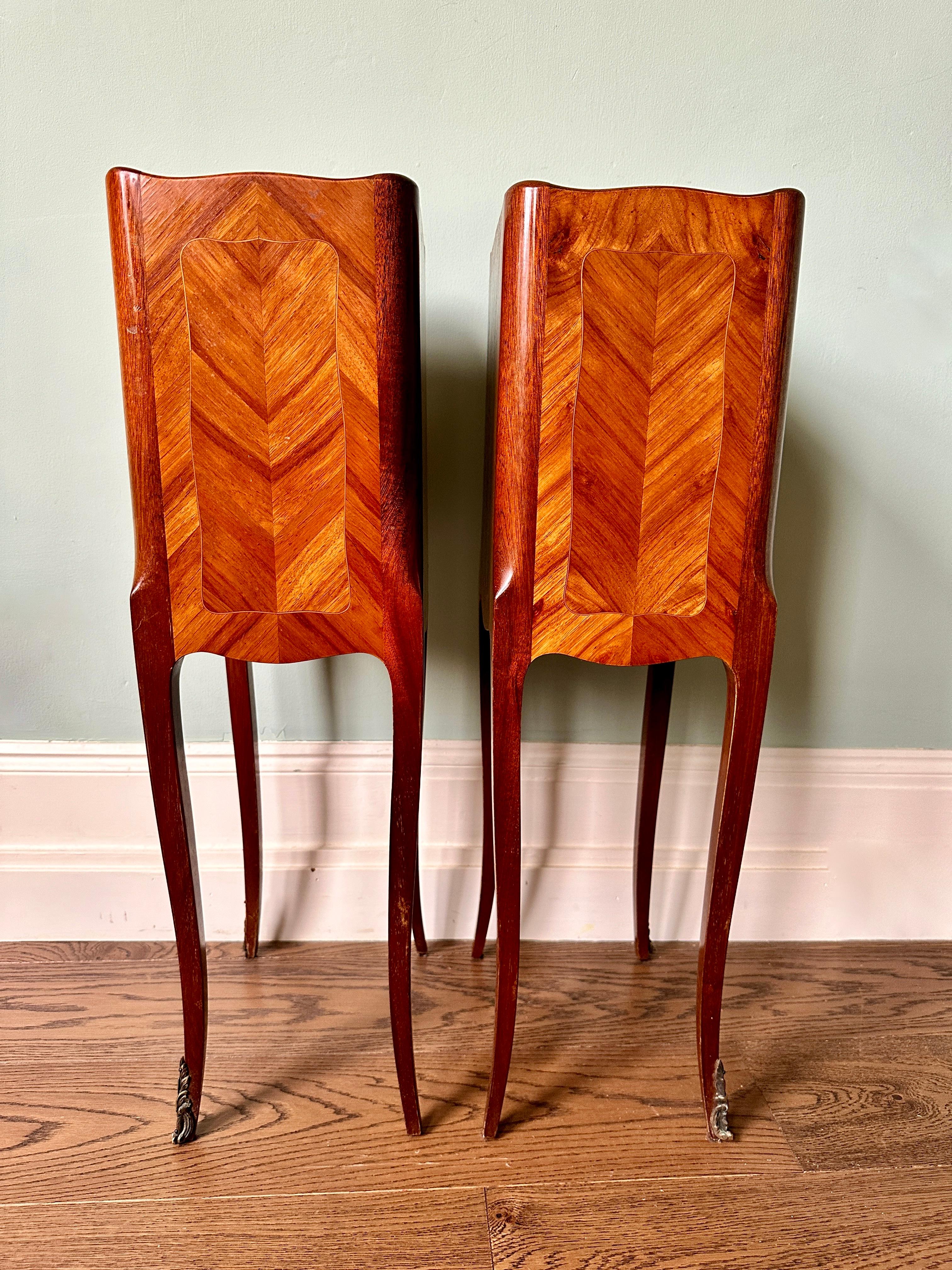 20th Century Pair Of Early C20th French Kingwood & Marble Bedside Tables or Night Stands   For Sale