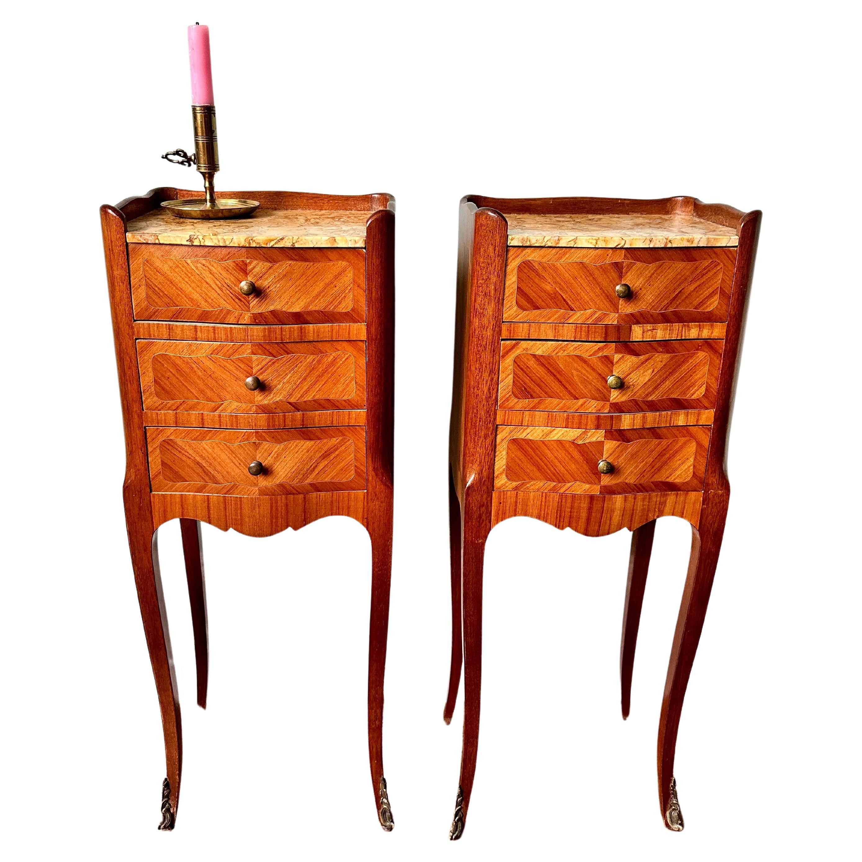Pair Of Early C20th French Kingwood & Marble Bedside Tables or Night Stands   For Sale