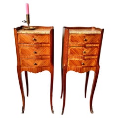 Antique Pair Of Early C20th French Kingwood & Marble Bedside Tables or Night Stands  