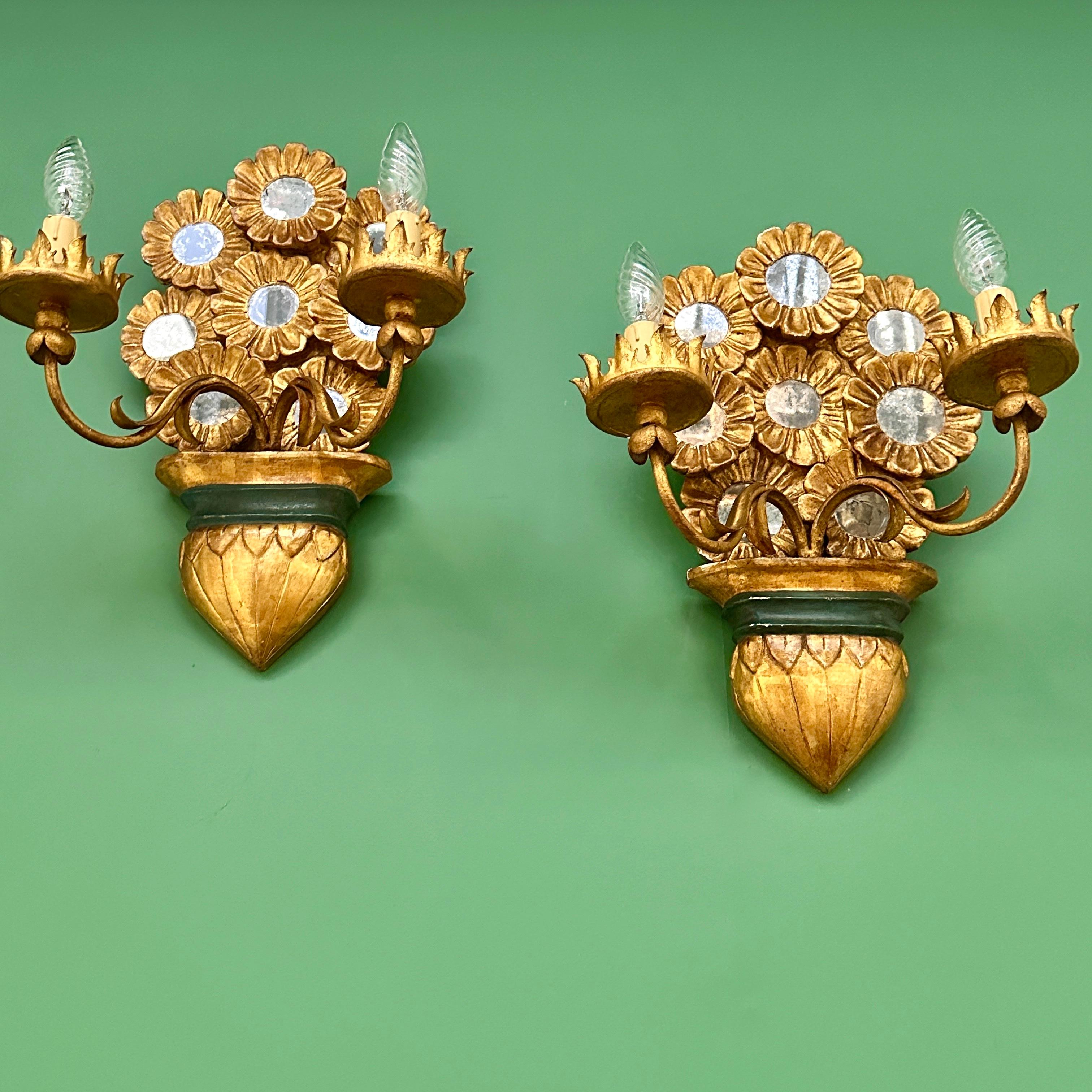 Mirror Pair Of Early C20th Italian Giltwood Wall Lights (1 of 2 pairs available) For Sale