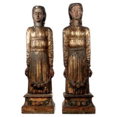 Pareja de estatuas de teatro italianas antiguas talladas