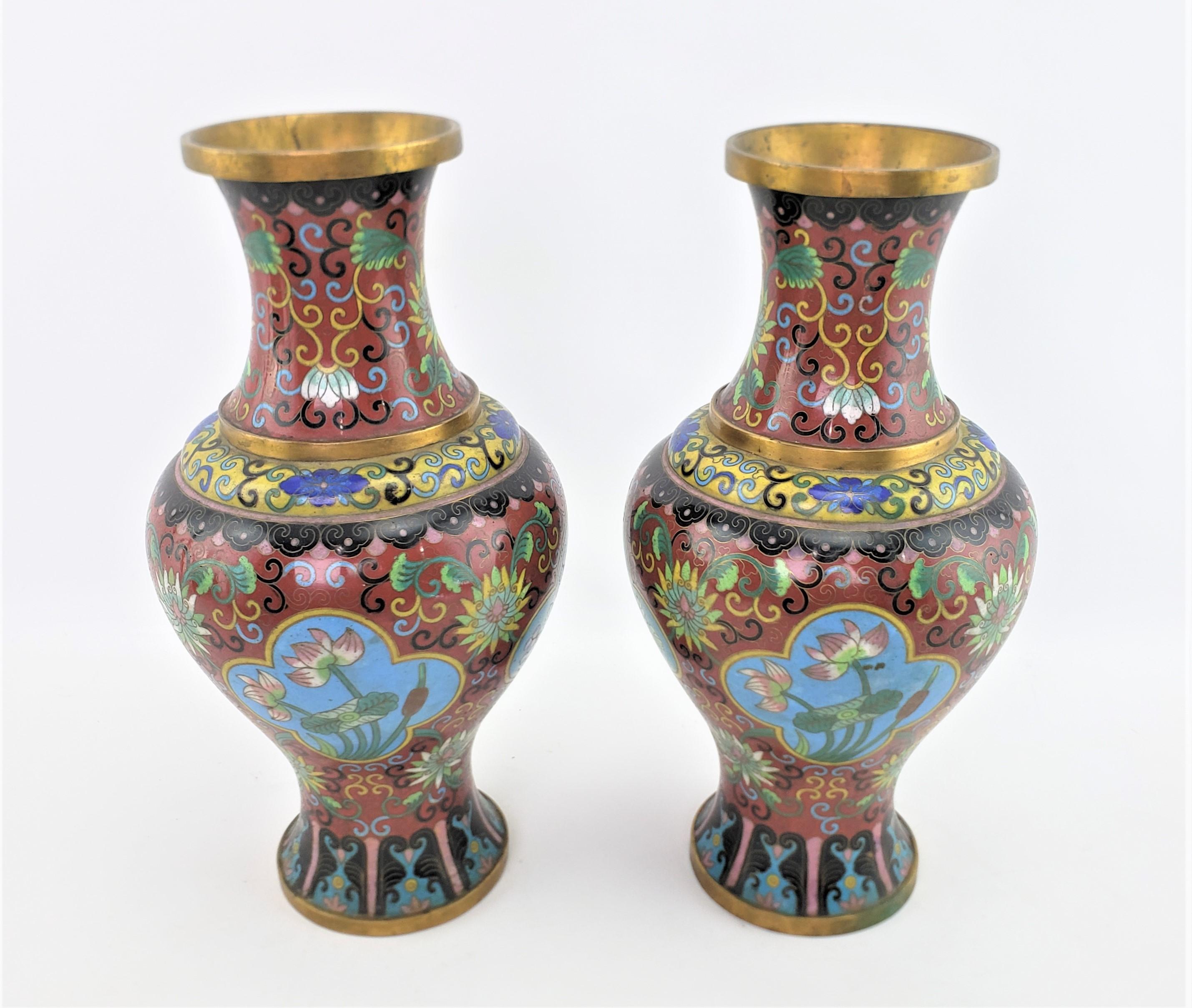 Chinese Export Pair of Early Chinese Republic Era Cloisonne Vases with Stylized Floral Motif For Sale
