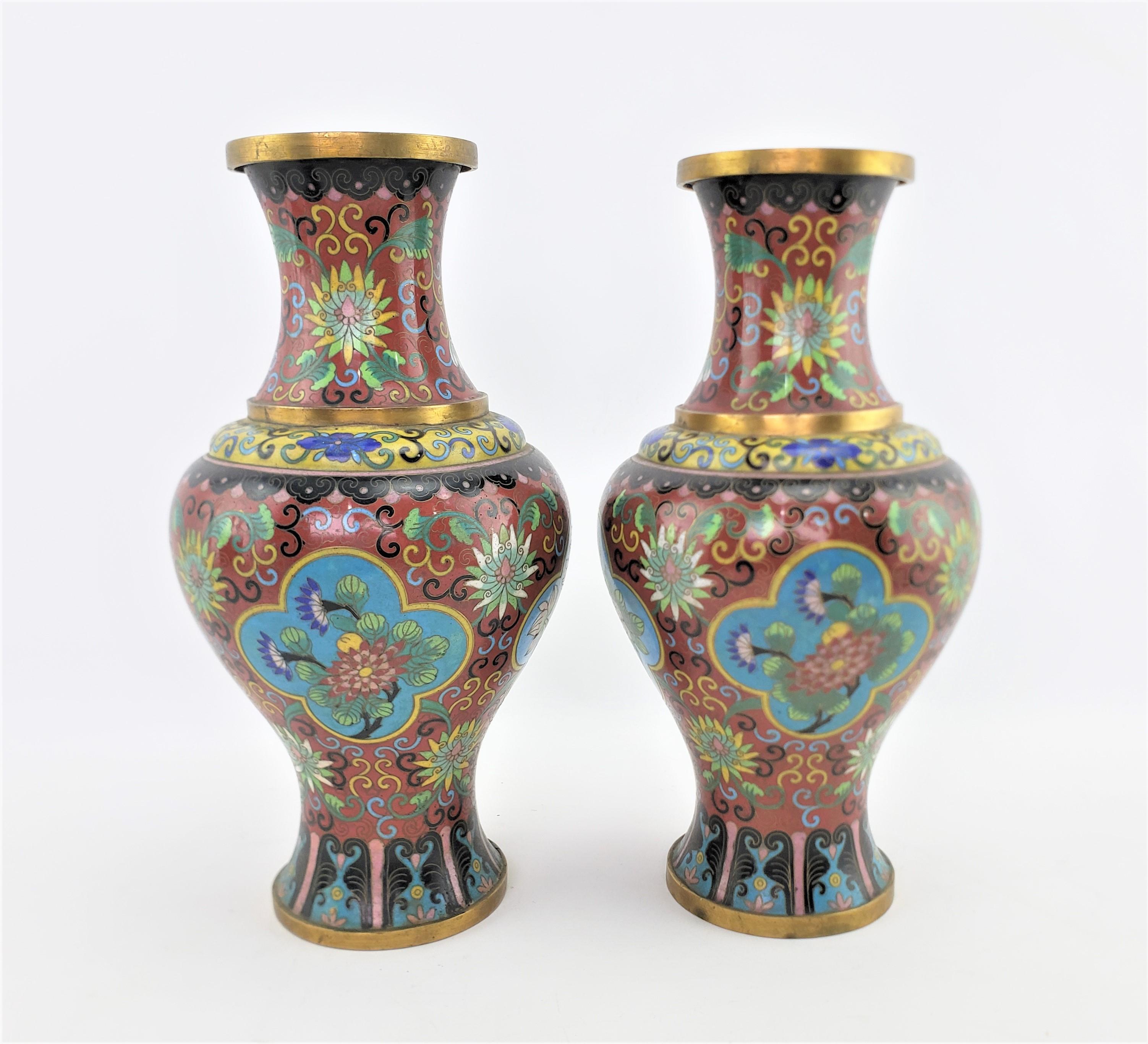 Hand-Crafted Pair of Early Chinese Republic Era Cloisonne Vases with Stylized Floral Motif For Sale