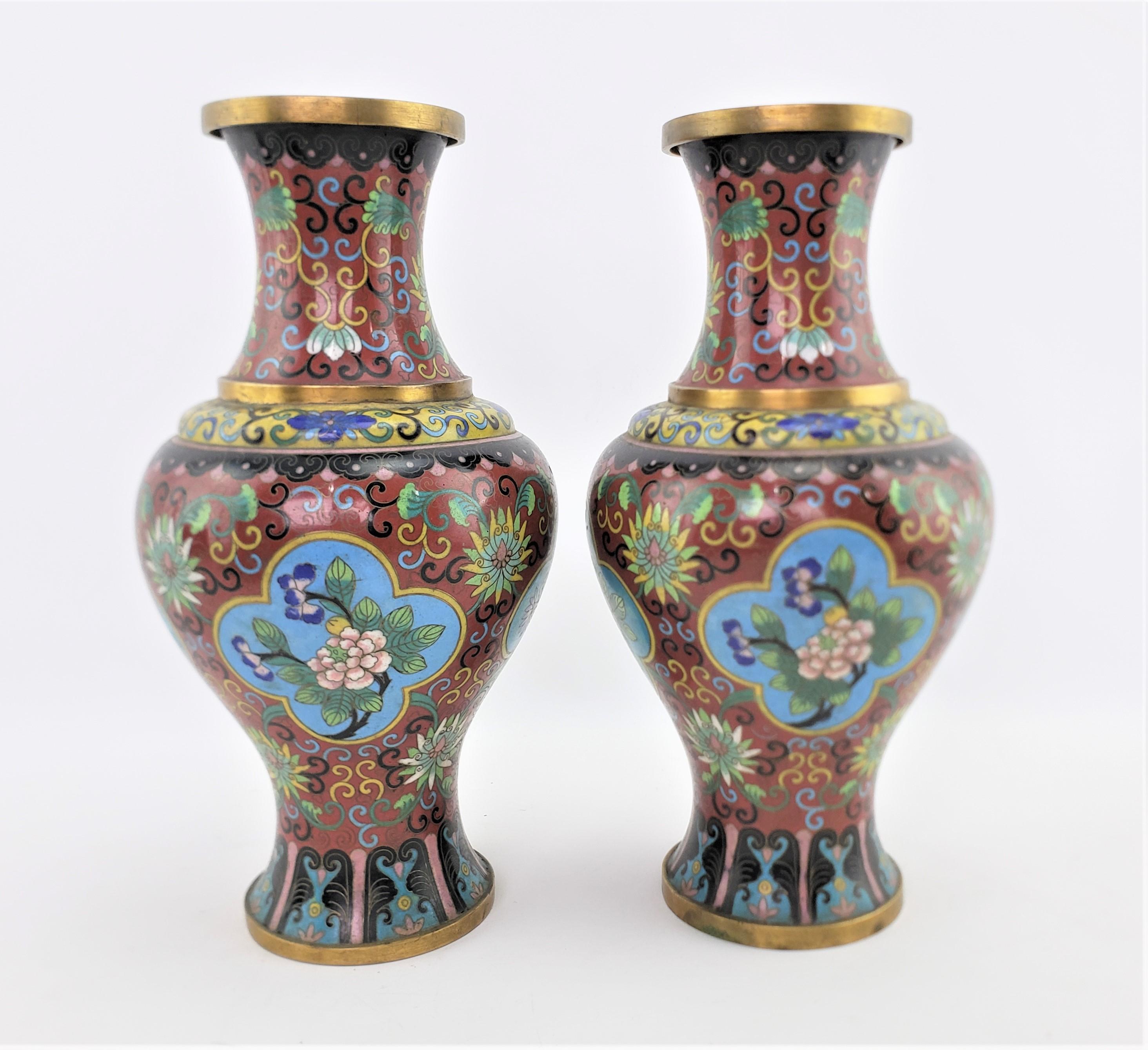 20th Century Pair of Early Chinese Republic Era Cloisonne Vases with Stylized Floral Motif For Sale