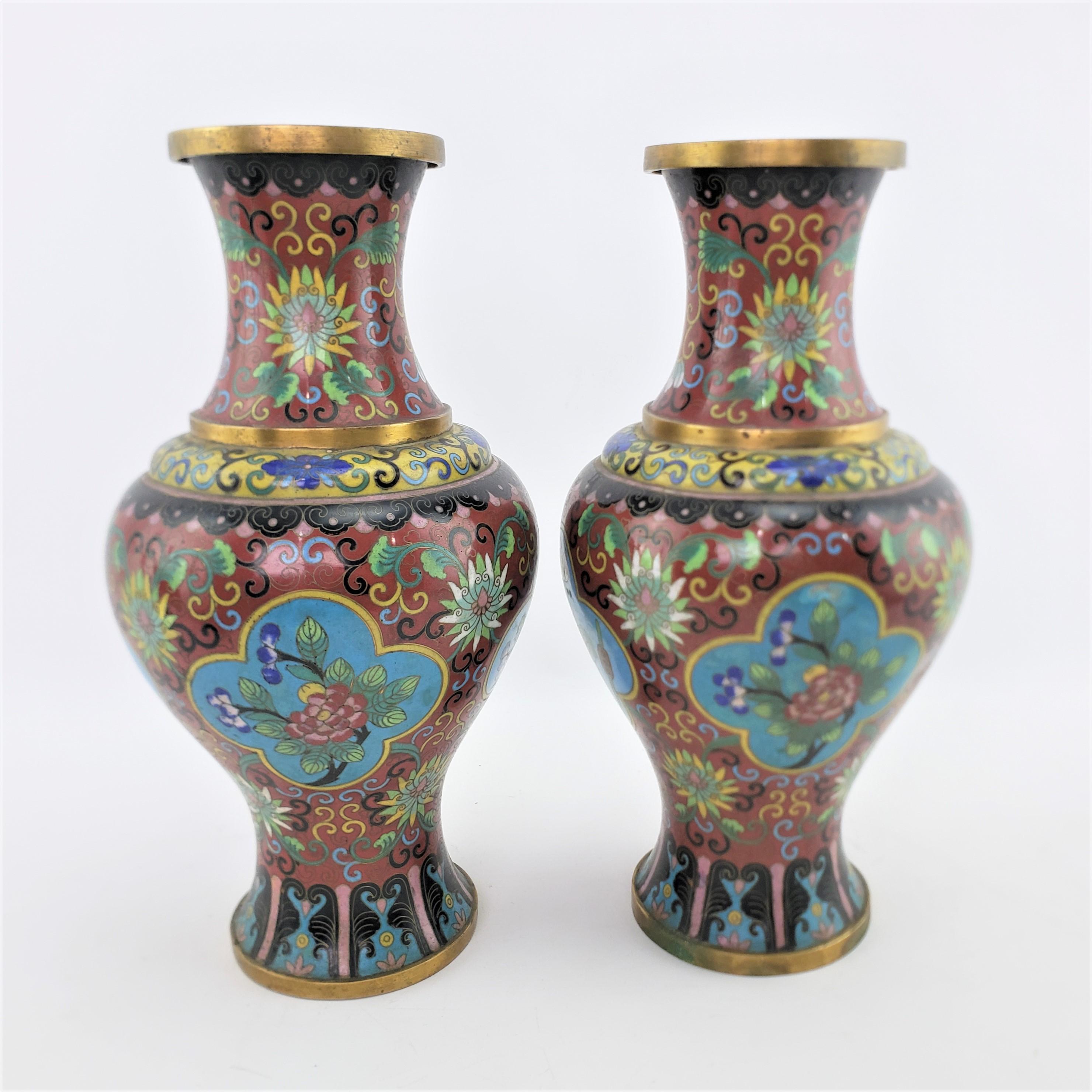 Brass Pair of Early Chinese Republic Era Cloisonne Vases with Stylized Floral Motif For Sale