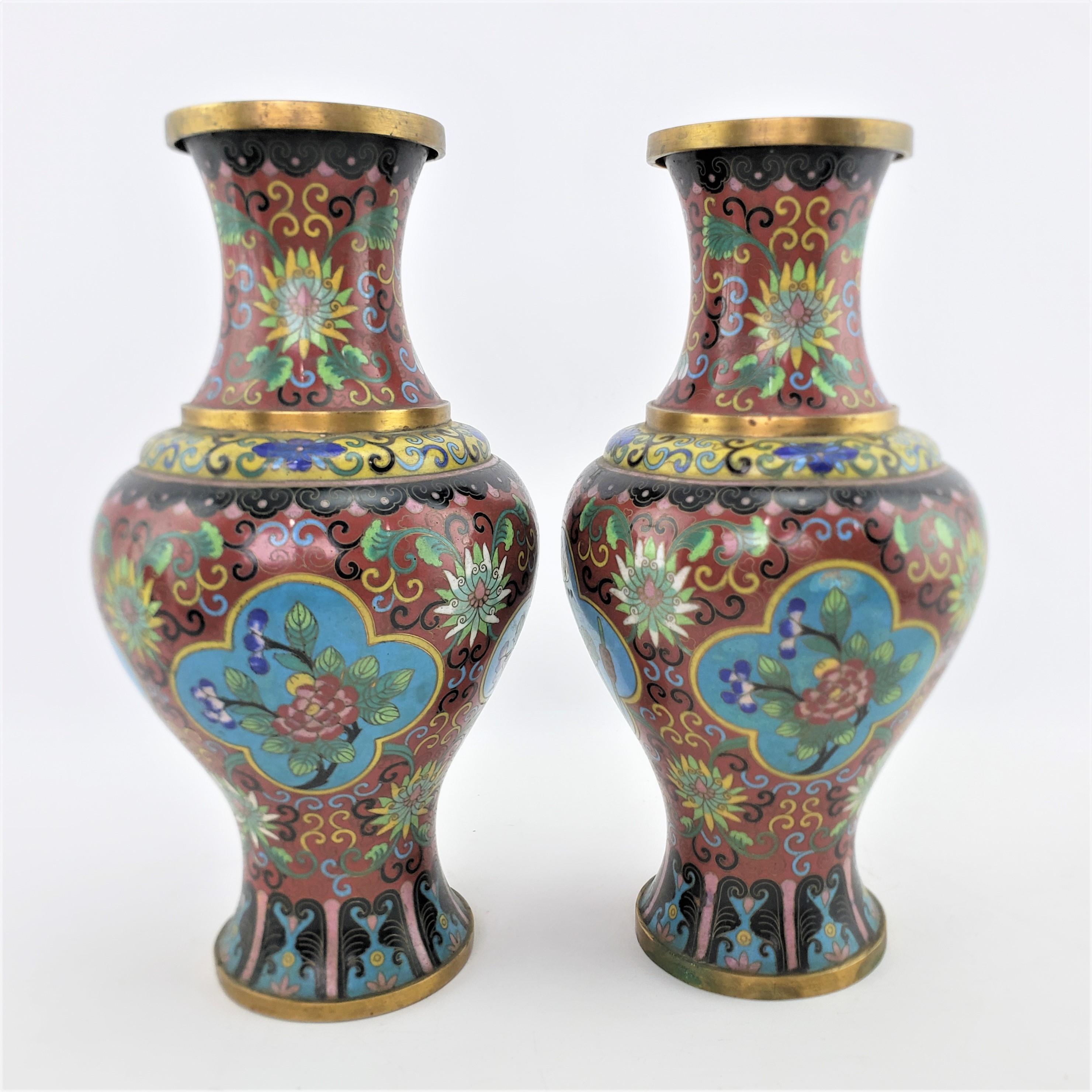 Pair of Early Chinese Republic Era Cloisonne Vases with Stylized Floral Motif For Sale 1