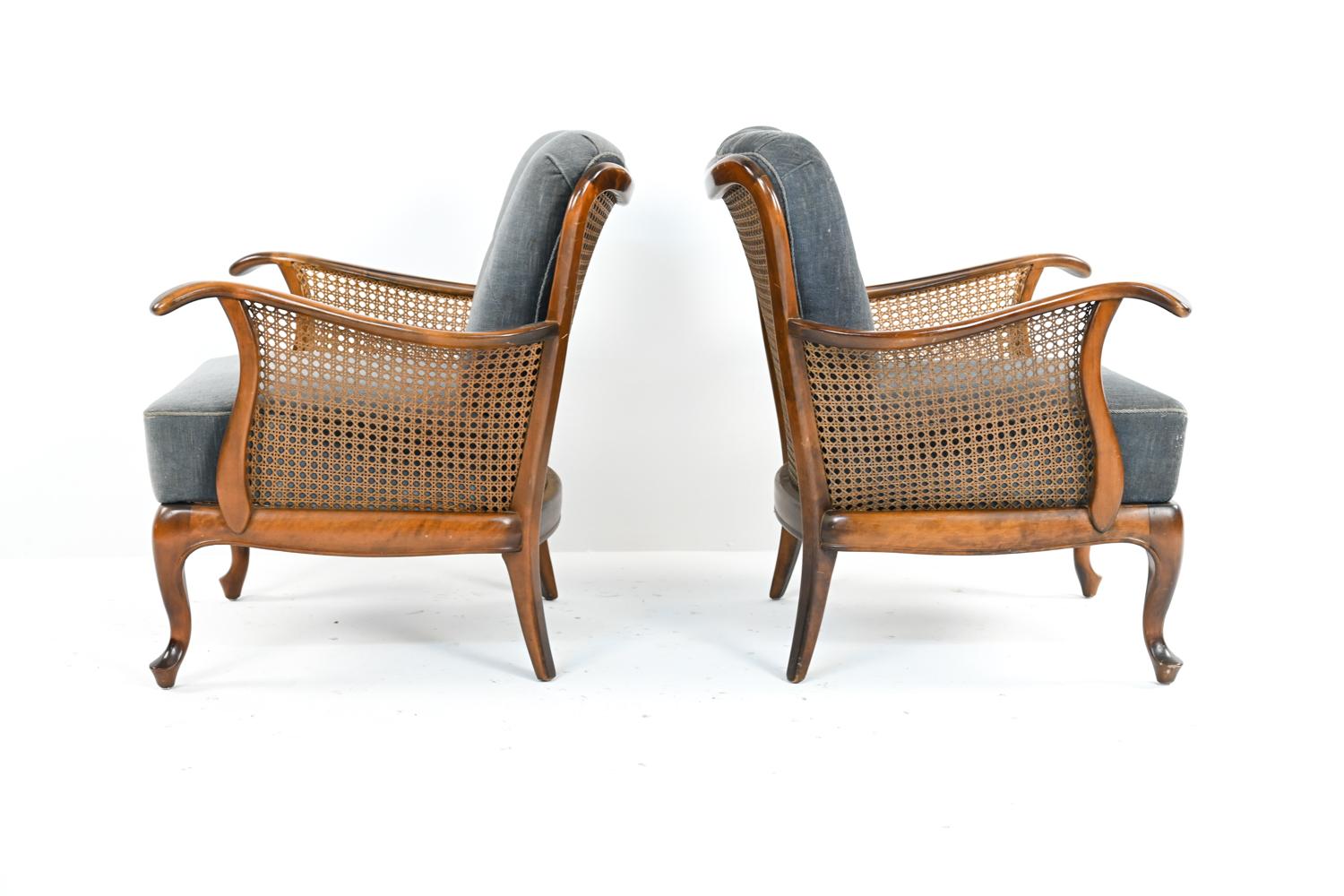 Chenille Pair of Early Danish Modern Caned Bergere Chairs, c. 1940's