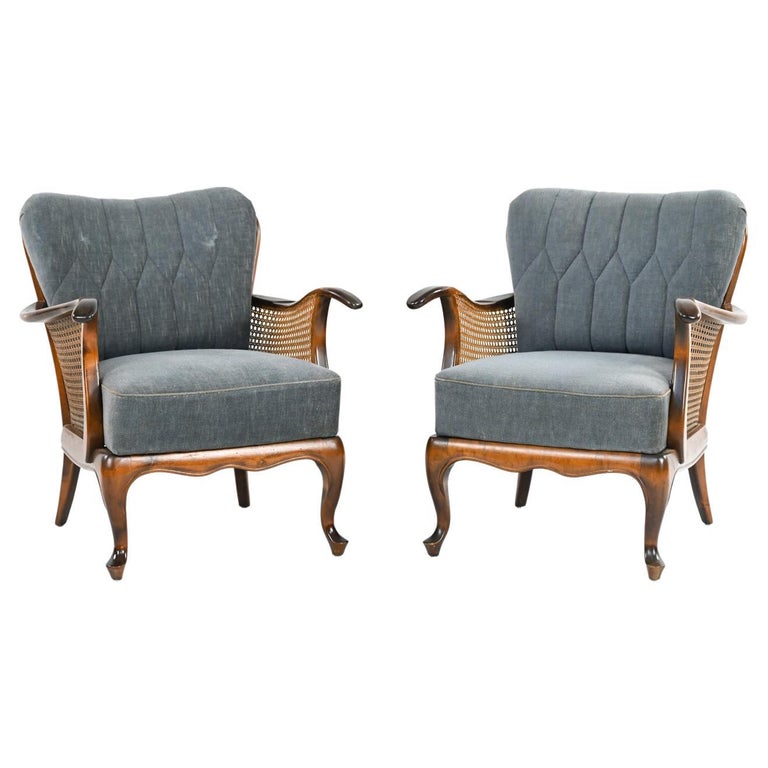 Pair of Early Danish Modern Caned Bergere Chairs, c. 1940's For Sale at