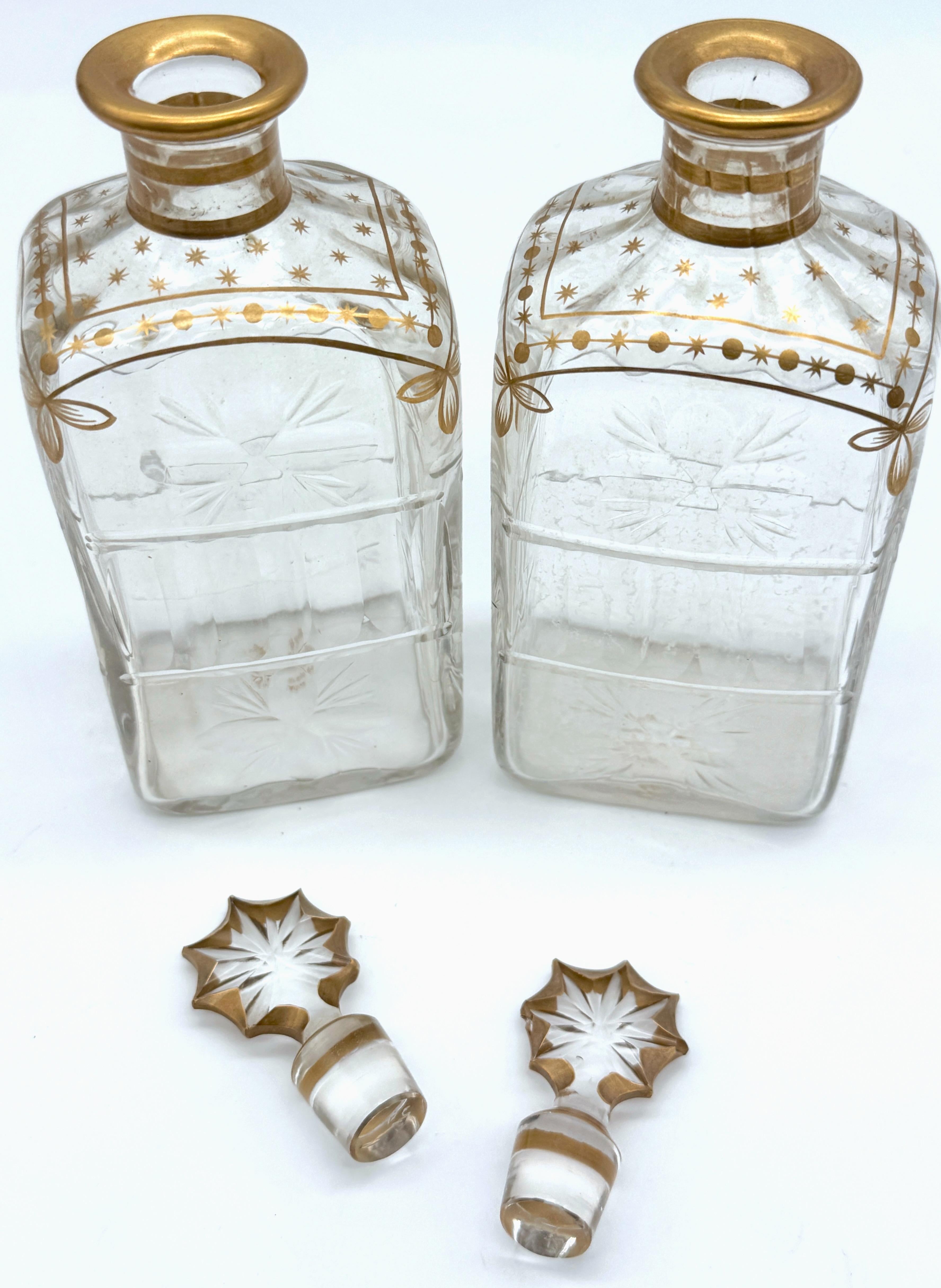 Neoclassical Pair of Early Daum Nancy Gilt and Wheel-Cut Crystal Decanters, Later, 19th C. For Sale