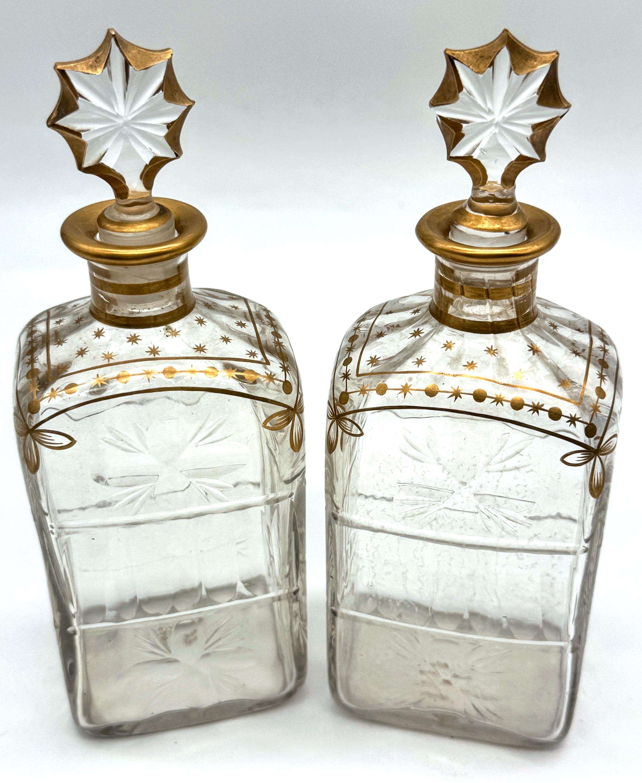 French Pair of Early Daum Nancy Gilt and Wheel-Cut Crystal Decanters, Later, 19th C. For Sale
