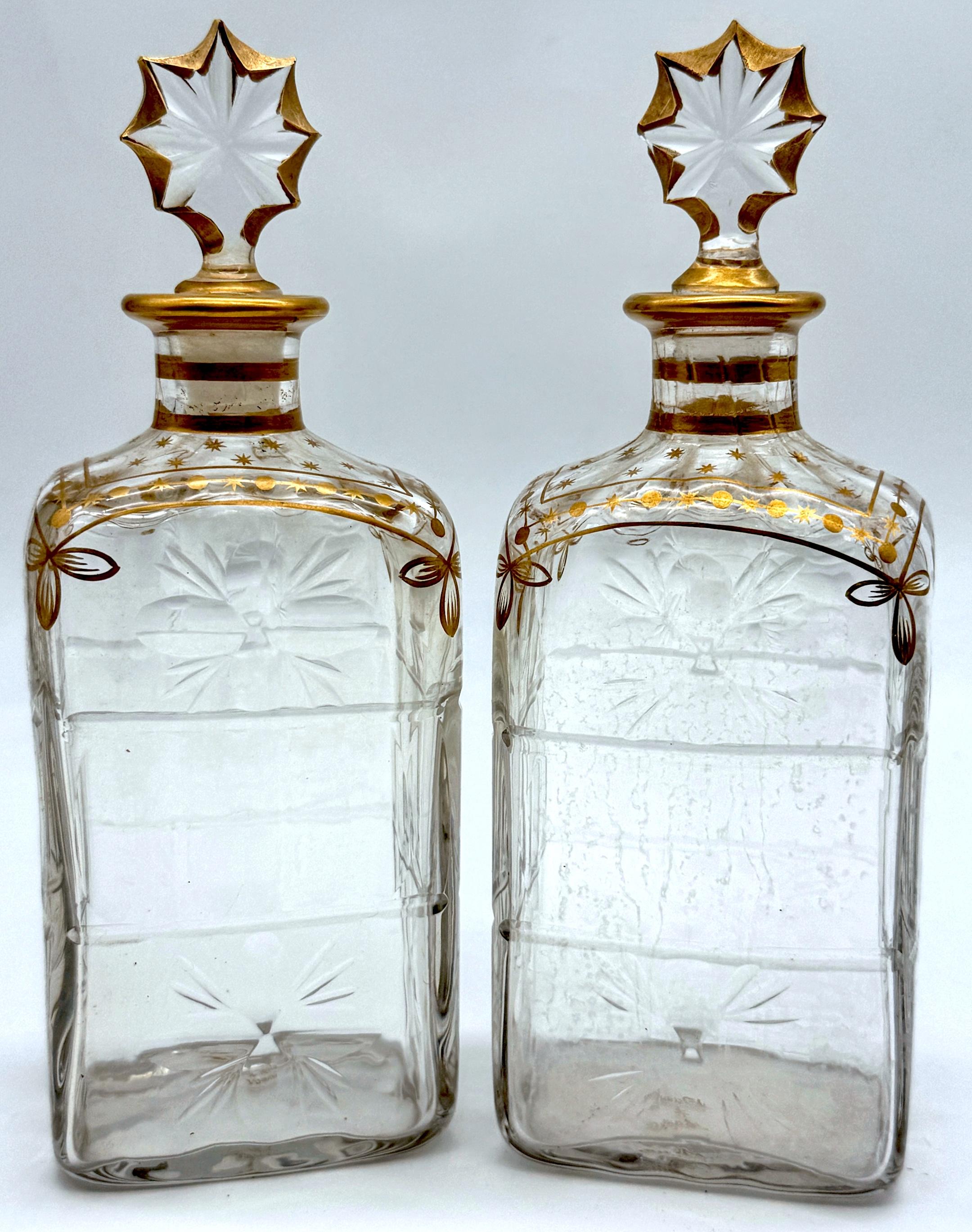 Enameled Pair of Early Daum Nancy Gilt and Wheel-Cut Crystal Decanters, Later, 19th C. For Sale