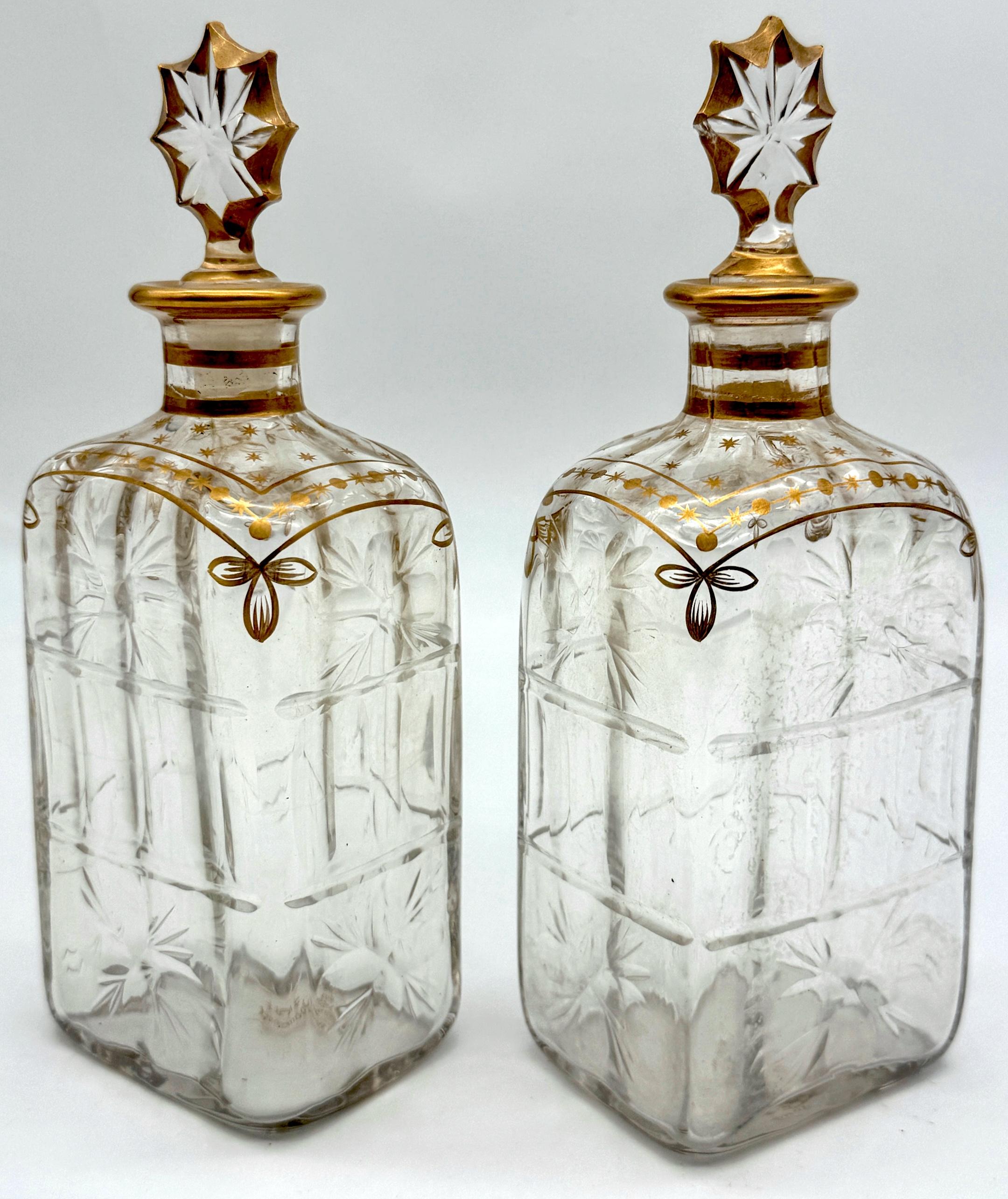 Pair of Early Daum Nancy Gilt and Wheel-Cut Crystal Decanters, Later, 19th C. In Good Condition For Sale In West Palm Beach, FL