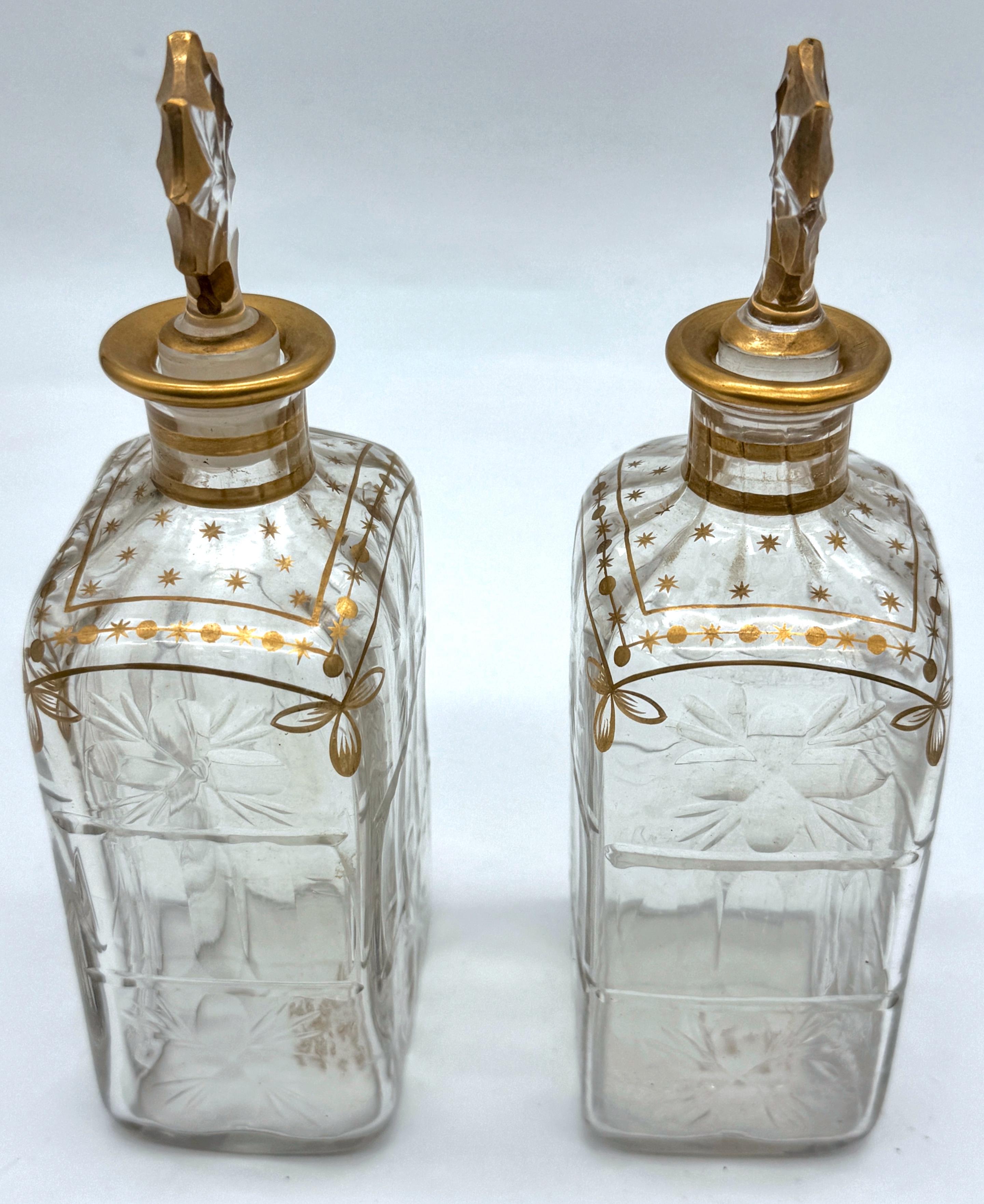 19th Century Pair of Early Daum Nancy Gilt and Wheel-Cut Crystal Decanters, Later, 19th C. For Sale