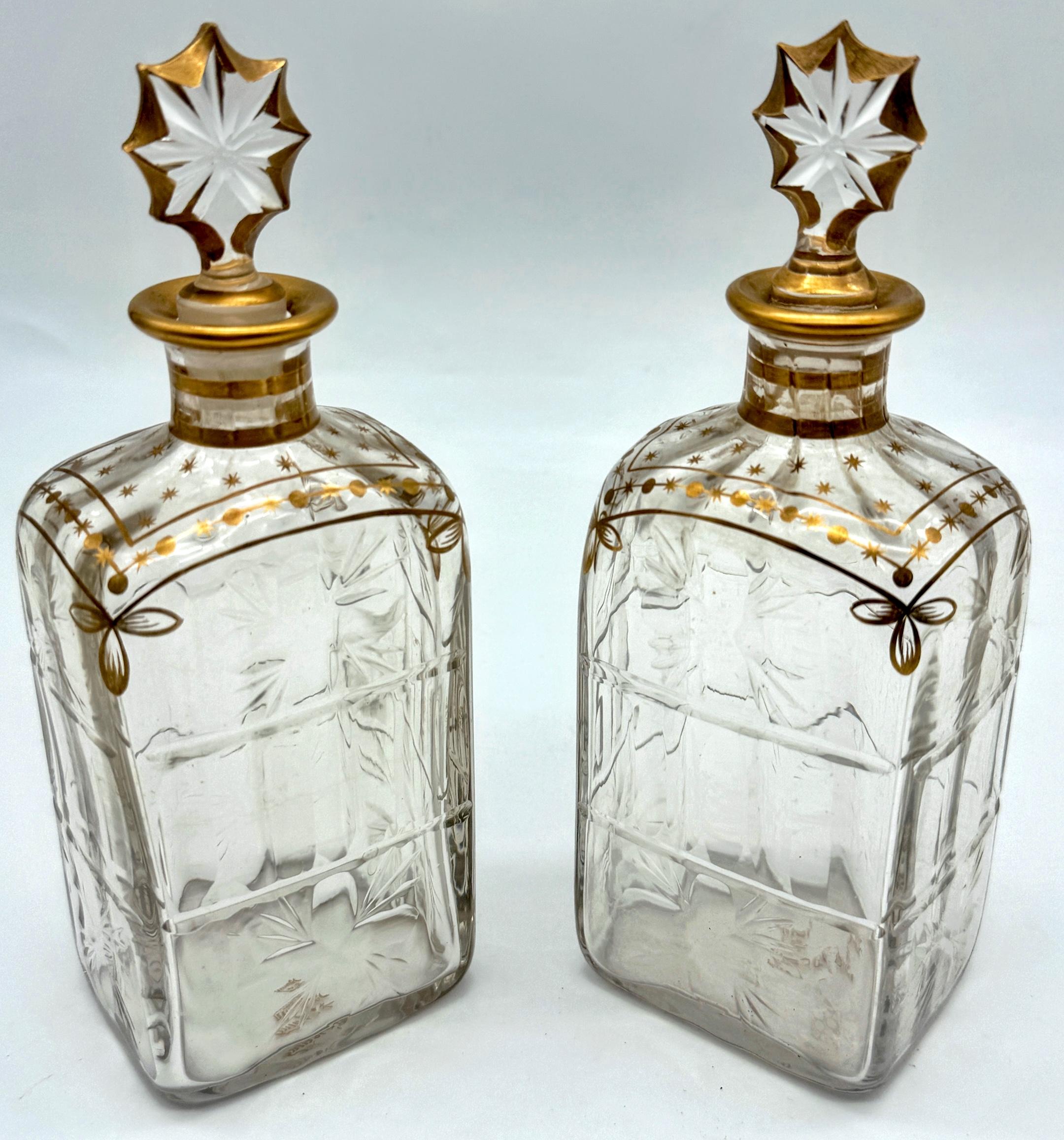Pair of Early Daum Nancy Gilt and Wheel-Cut Crystal Decanters, Later, 19th C. For Sale 1