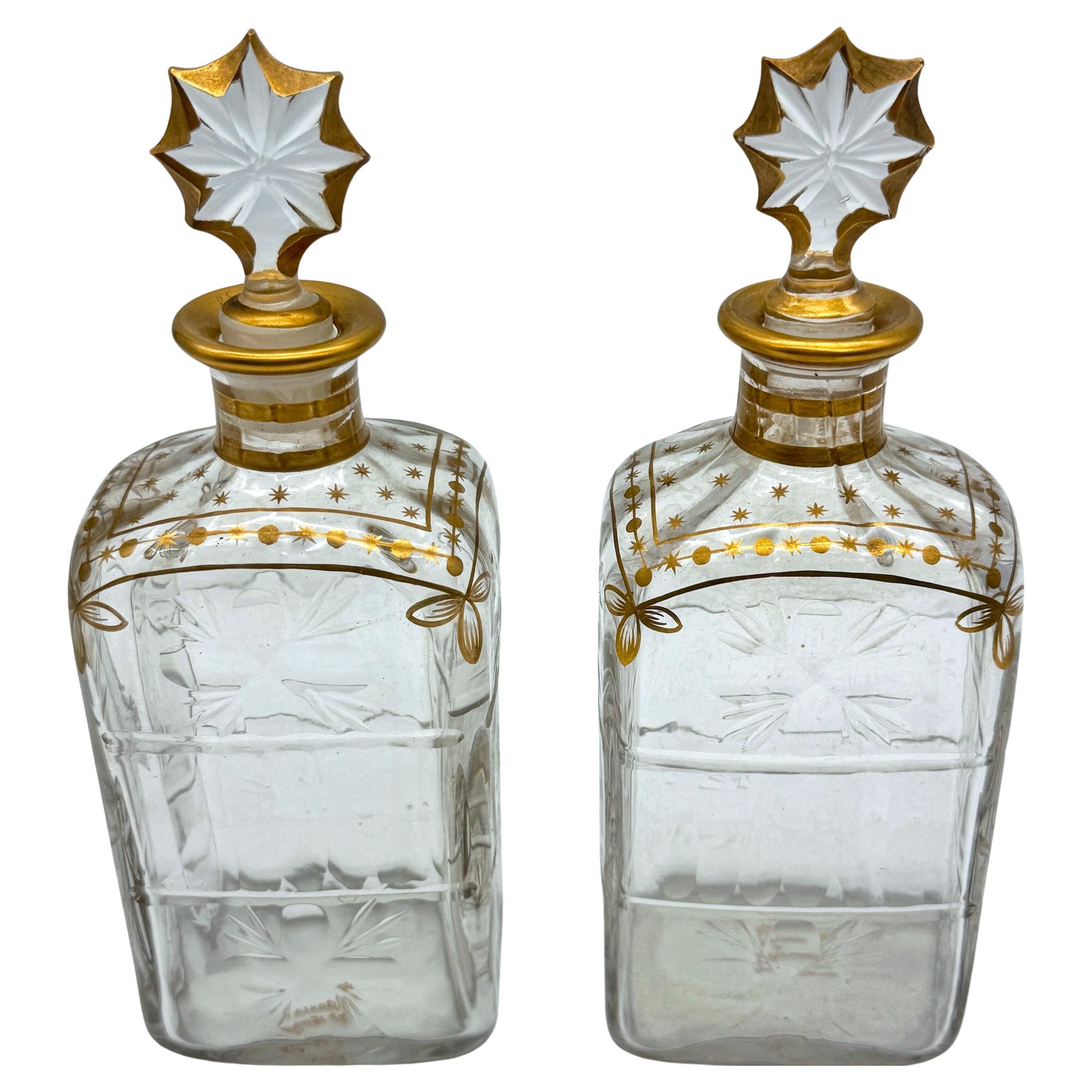 Pair of Early Daum Nancy Gilt and Wheel-Cut Crystal Decanters, Later, 19th C. For Sale