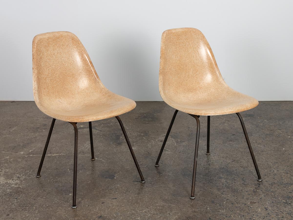 Pair of Early Eames Fiberglass Shell Chairs in Tan For Sale 2