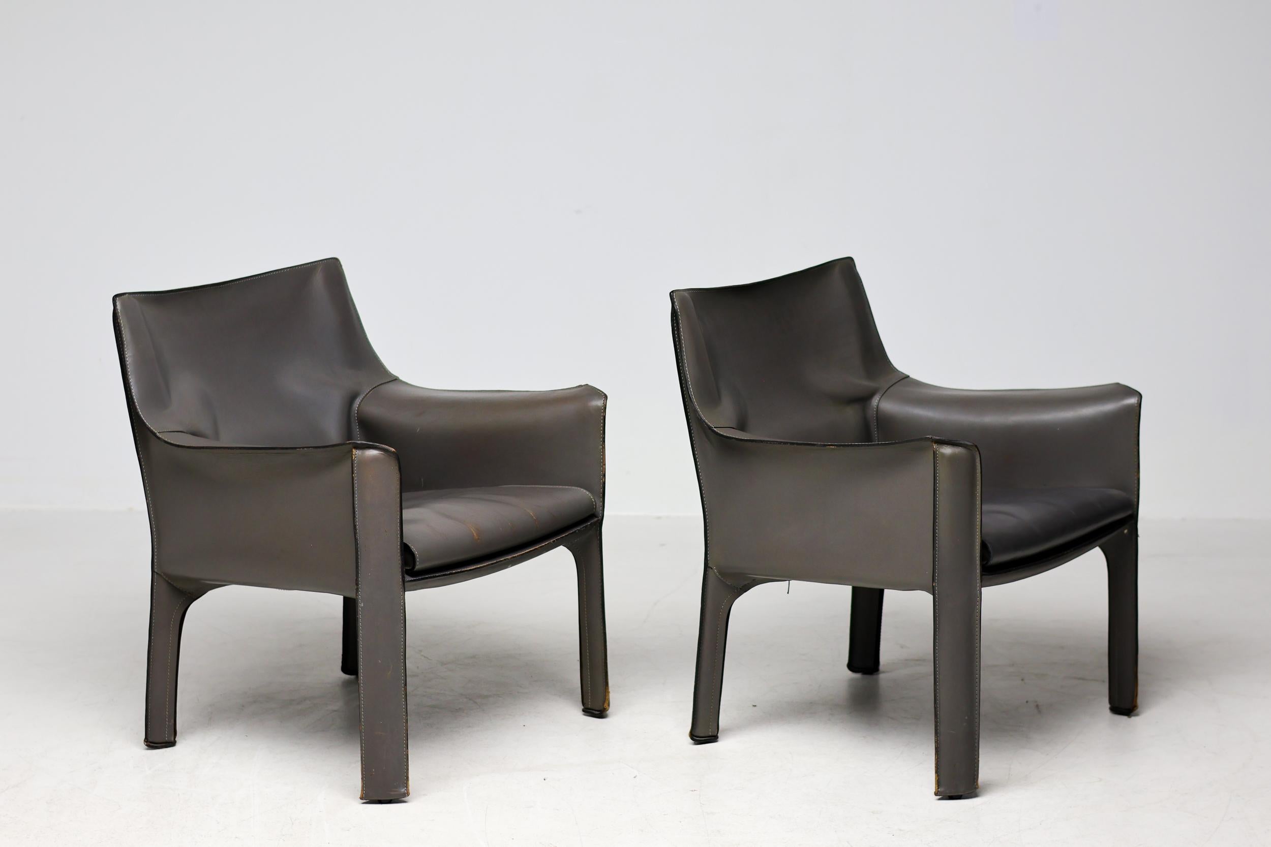 Pair of Early Elephant Hide Grey Cassina Cab 414 Lounge Chairs by Mario Bellini For Sale 3