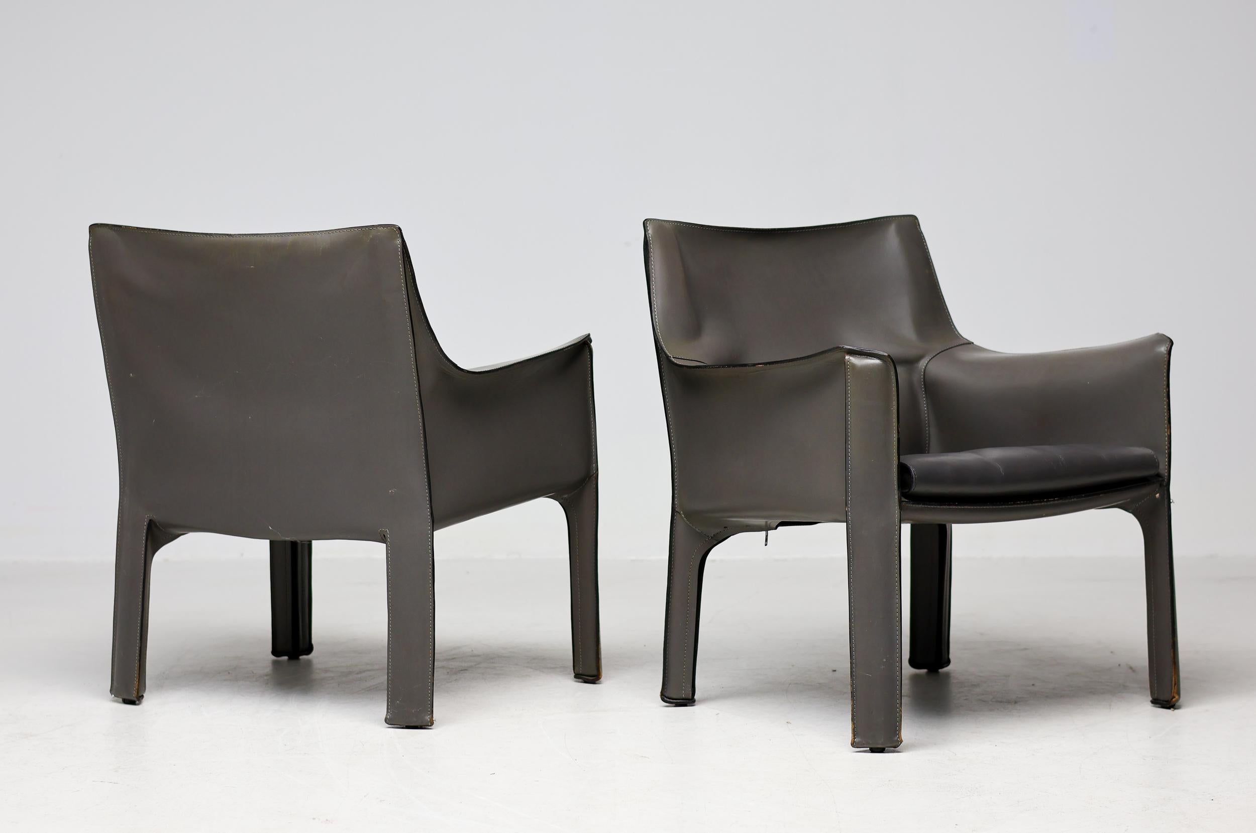 Pair of Early Elephant Hide Grey Cassina Cab 414 Lounge Chairs by Mario Bellini For Sale 4