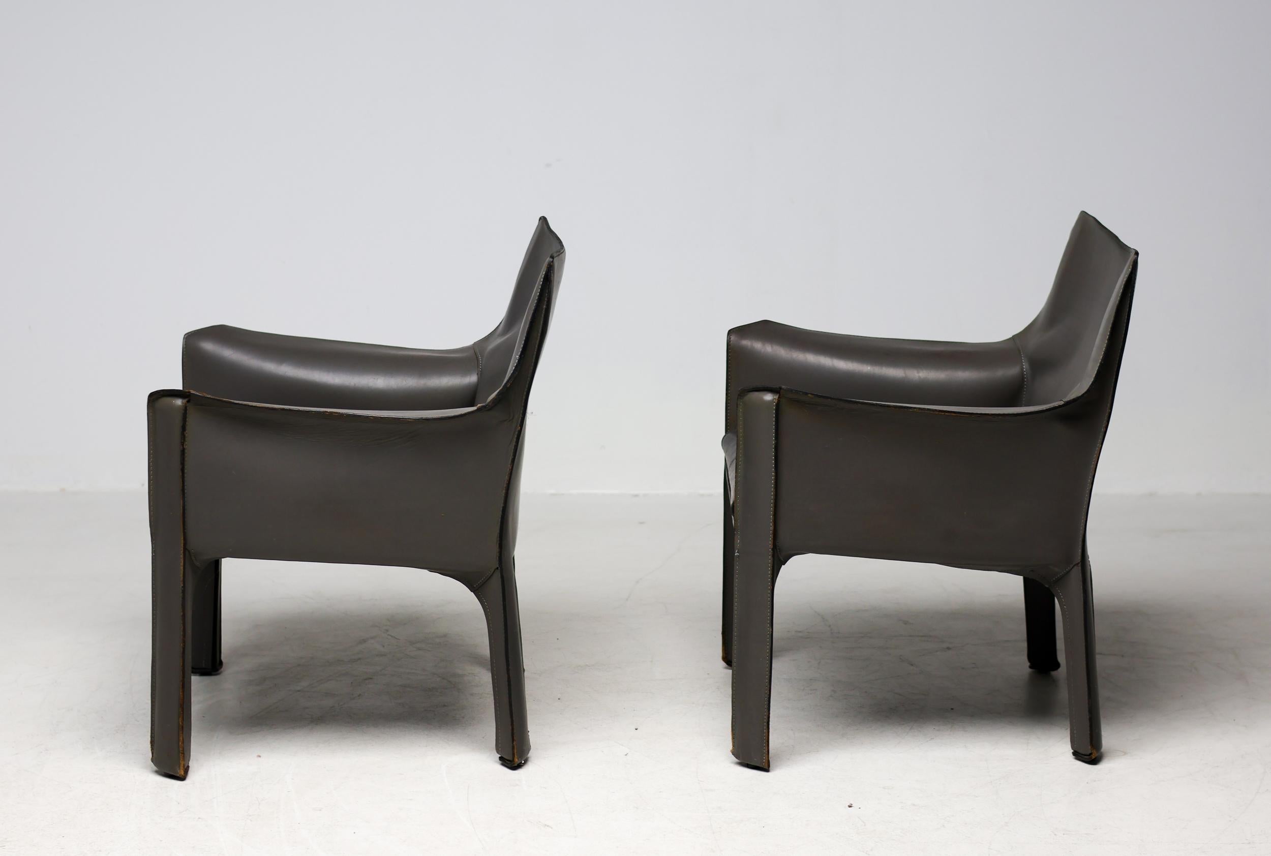 Pair of Early Elephant Hide Grey Cassina Cab 414 Lounge Chairs by Mario Bellini For Sale 5