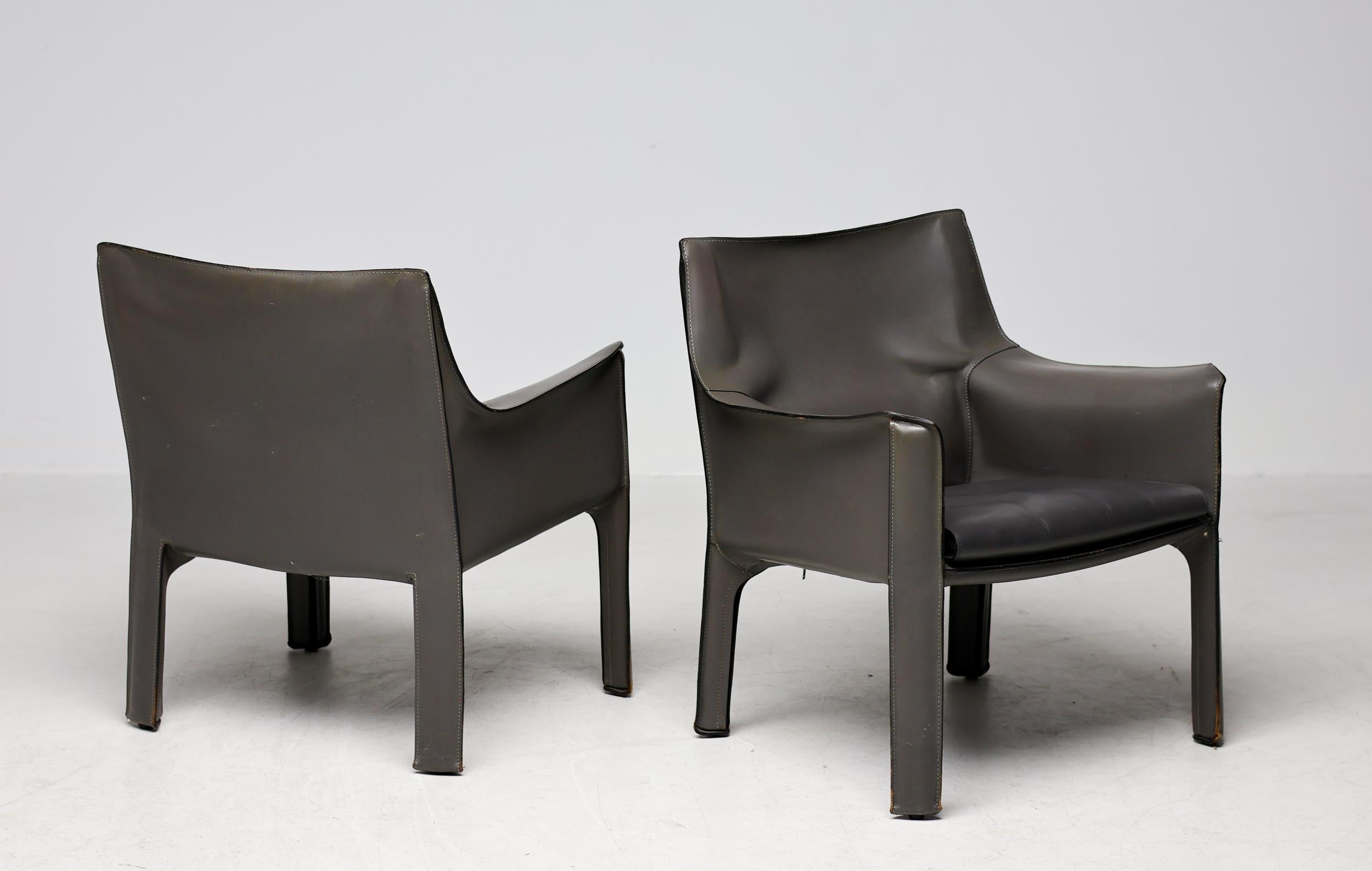 Pair of Early Elephant Hide Grey Cassina Cab 414 Lounge Chairs by Mario Bellini For Sale 8