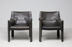 Pair of Early Elephant Hide Grey Cassina Cab 414 Lounge Chairs by Mario Bellini