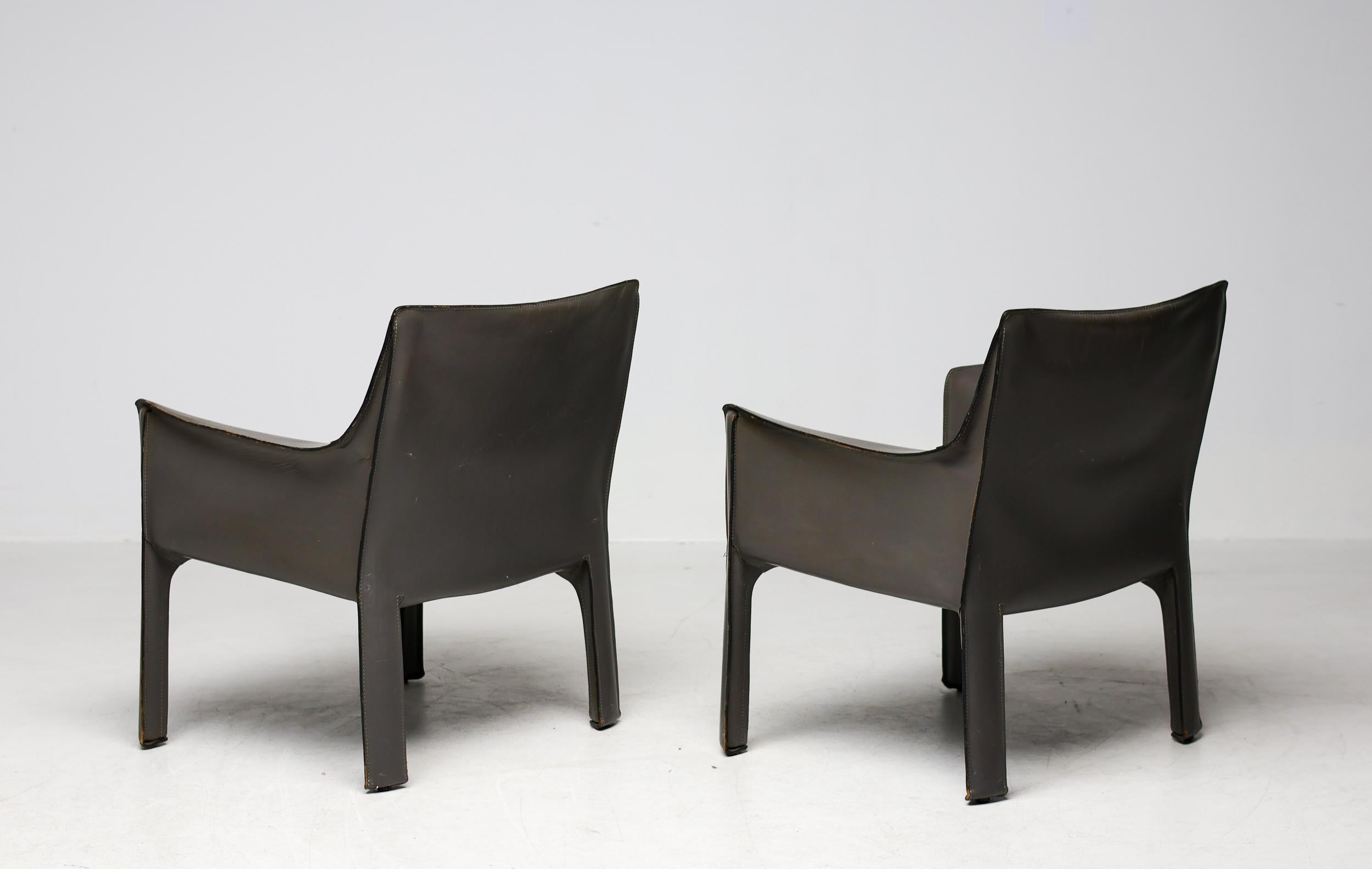 Italian Pair of Early Elephant Hide Grey Cassina Cab 414 Lounge Chairs by Mario Bellini For Sale
